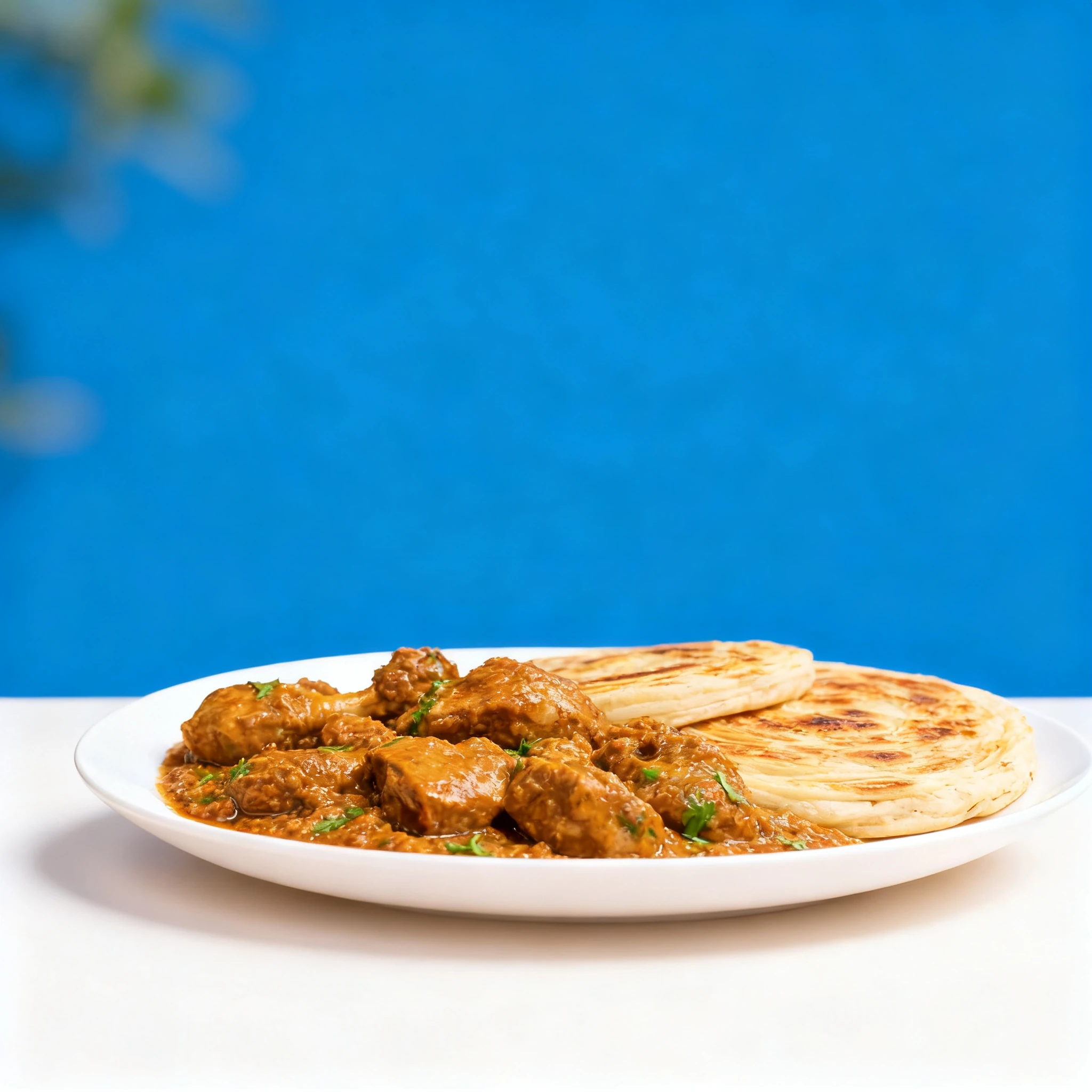 A thick chicken curry garnished with fresh cilantro served alongside two spiral-layered paratha flatbreads on a white plate.