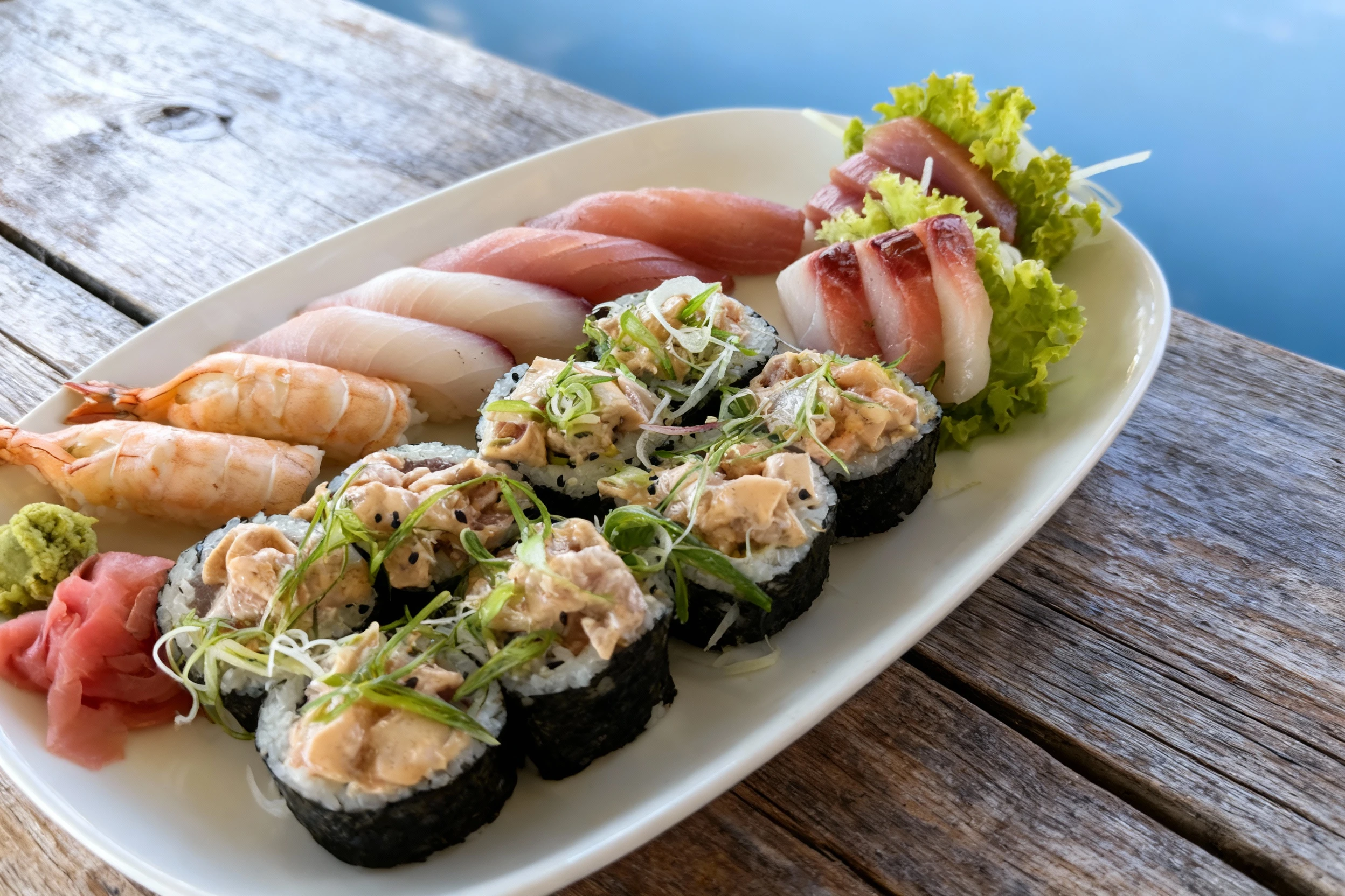 A comprehensive sushi and sashimi platter featuring raw slices of tuna and white fish sashimi served with lettuce, assorted nigiri (including shrimp), and six m