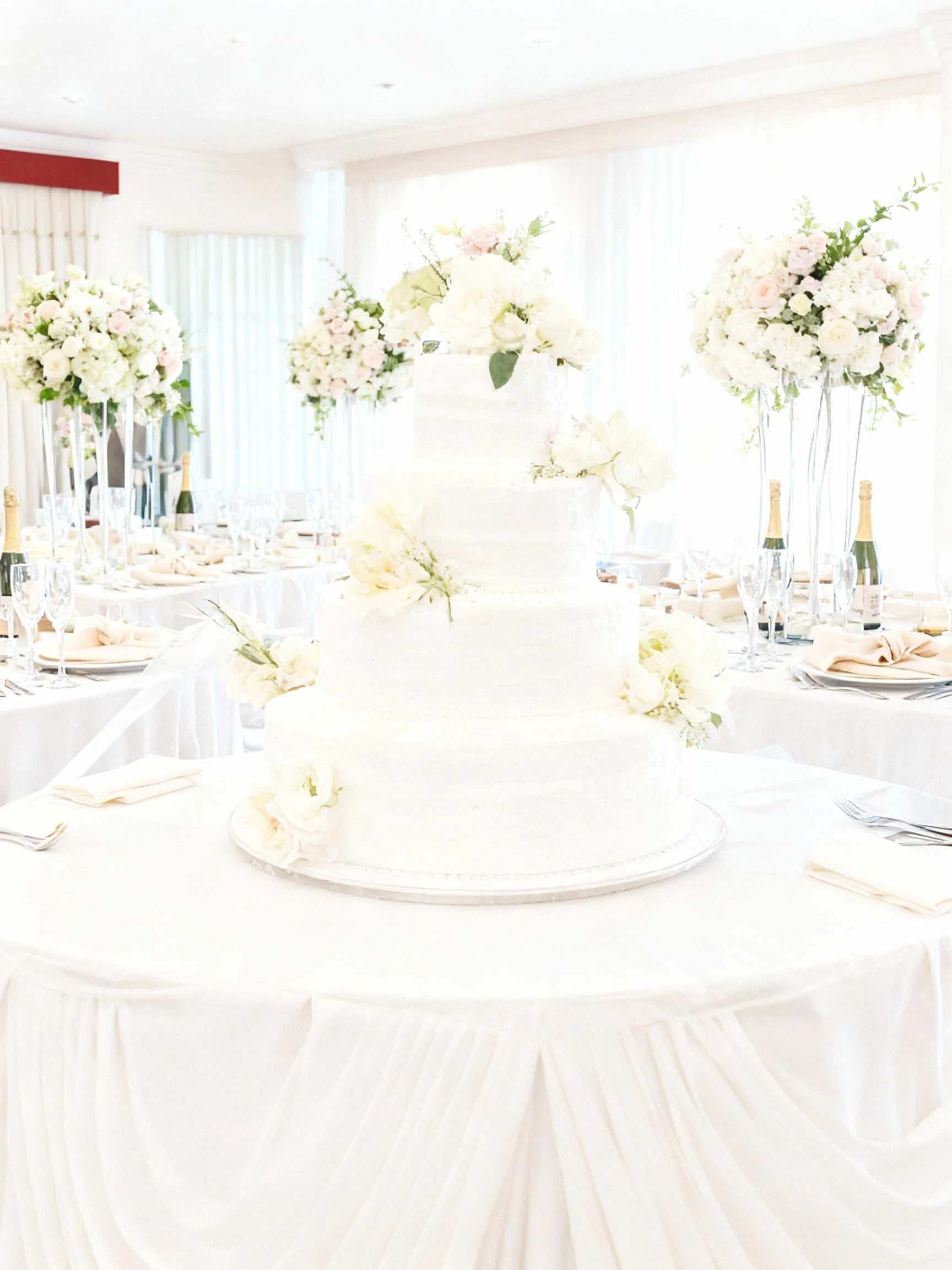 A tall, four-tiered white cake, likely a wedding or celebration cake, decorated with white/pale yellow floral elements and placed on a draped white table.