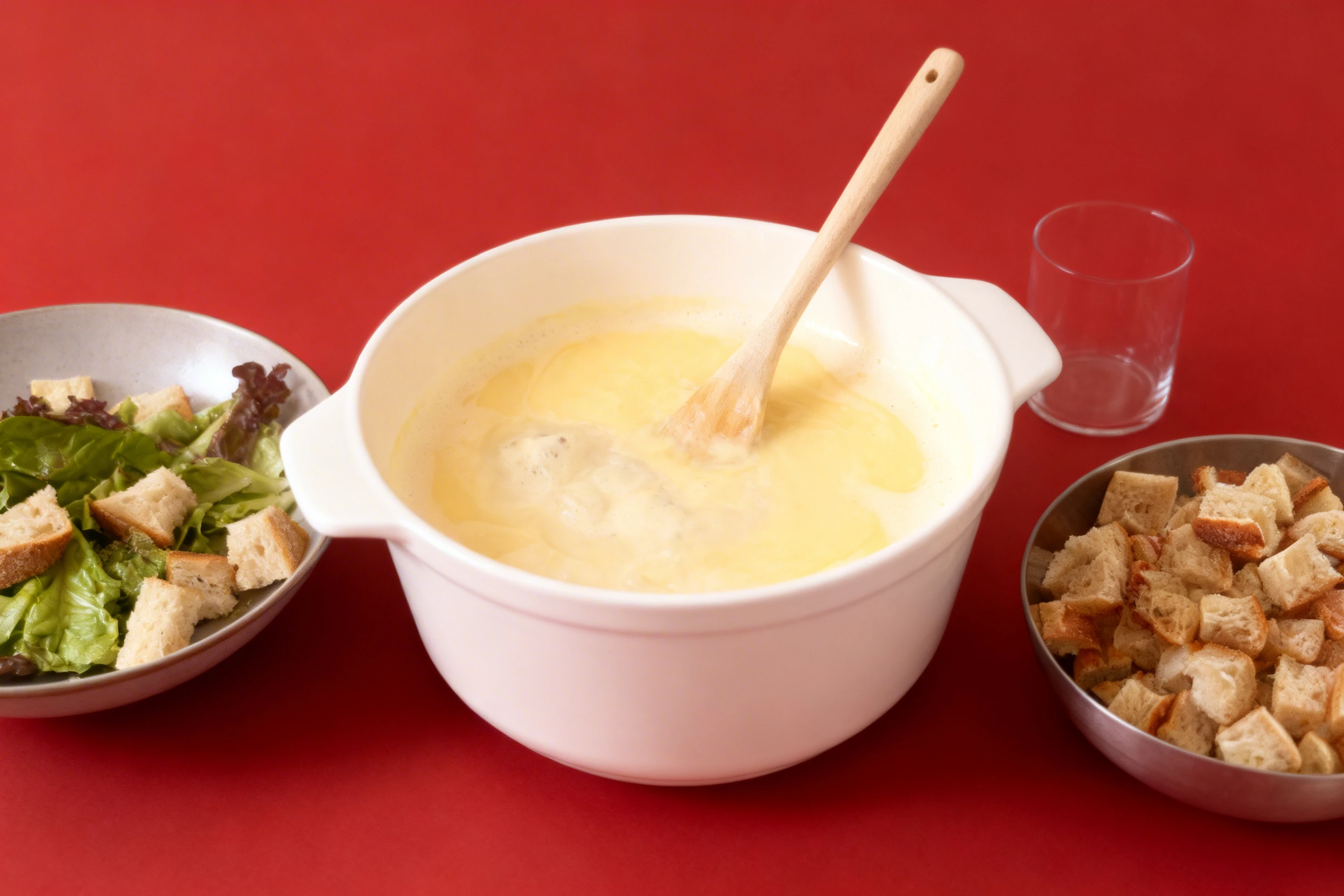A cheese fondue in a white ceramic pot with a wooden spoon, served with a separate bowl of cubed crusty bread.