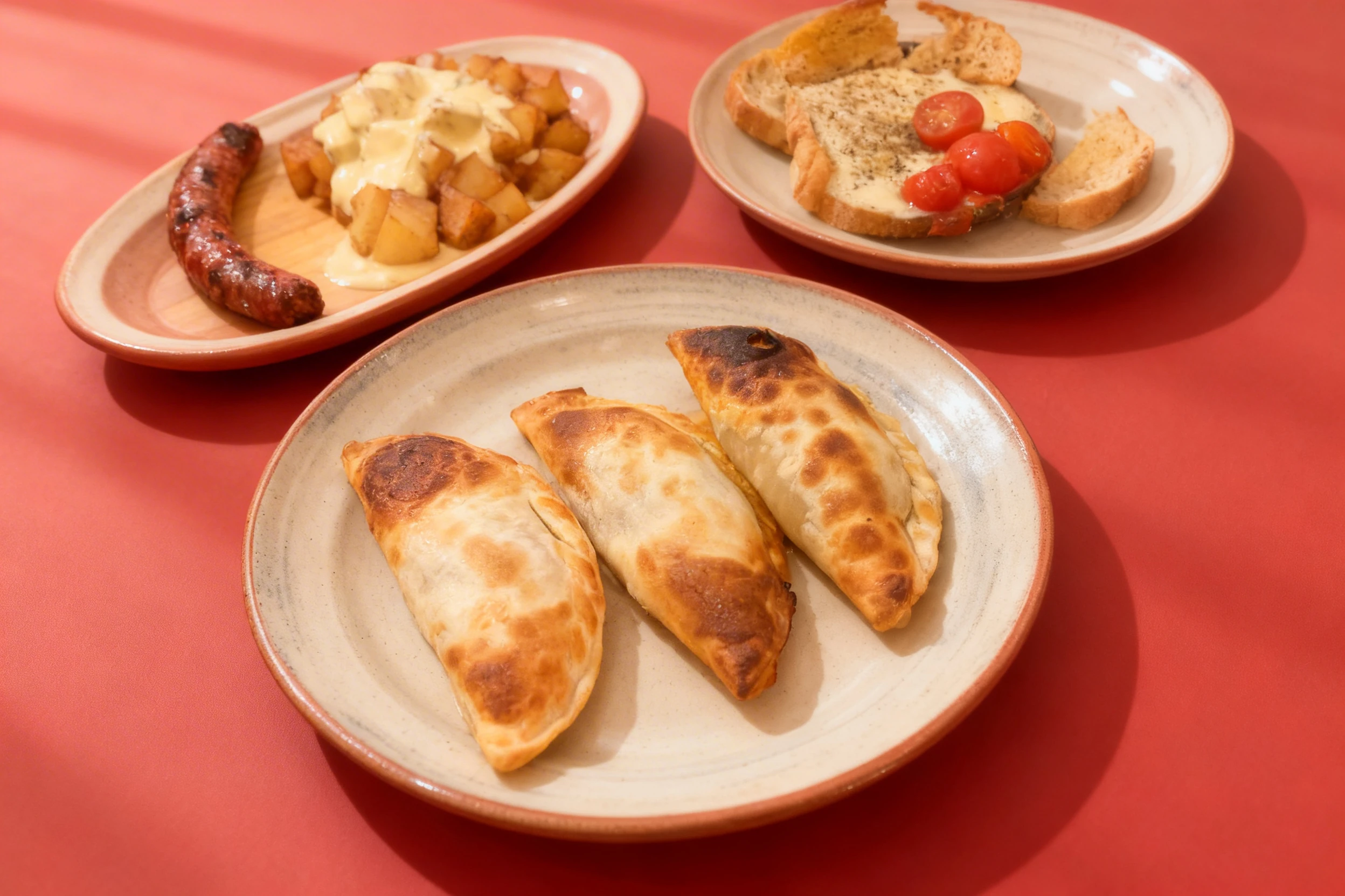 Three baked empanadas with golden-brown crust and a grilled chorizo sausage served on a wooden board.