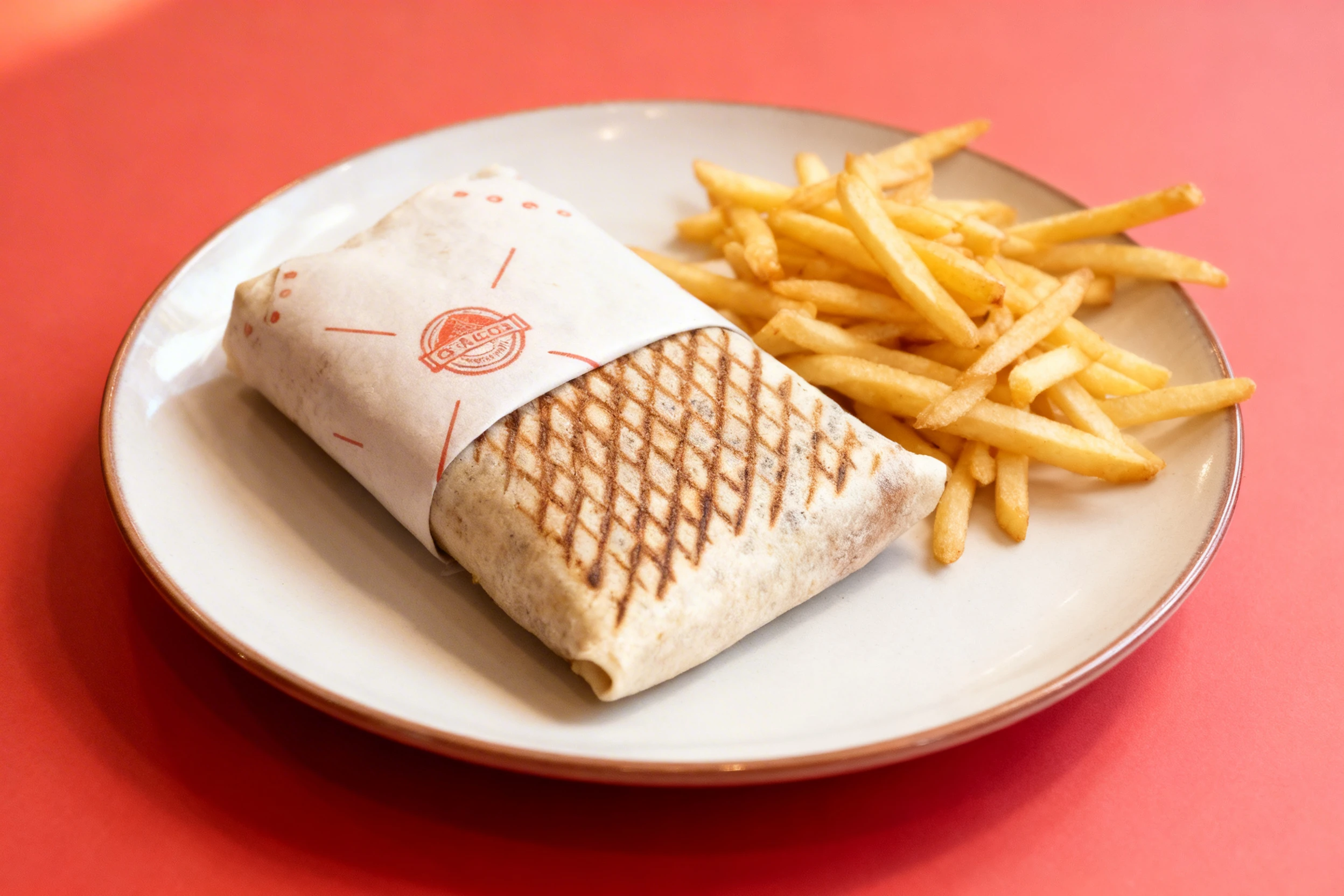 A French taco with cross-hatched grill marks on a pressed tortilla, served alongside a portion of thin-cut golden fries.