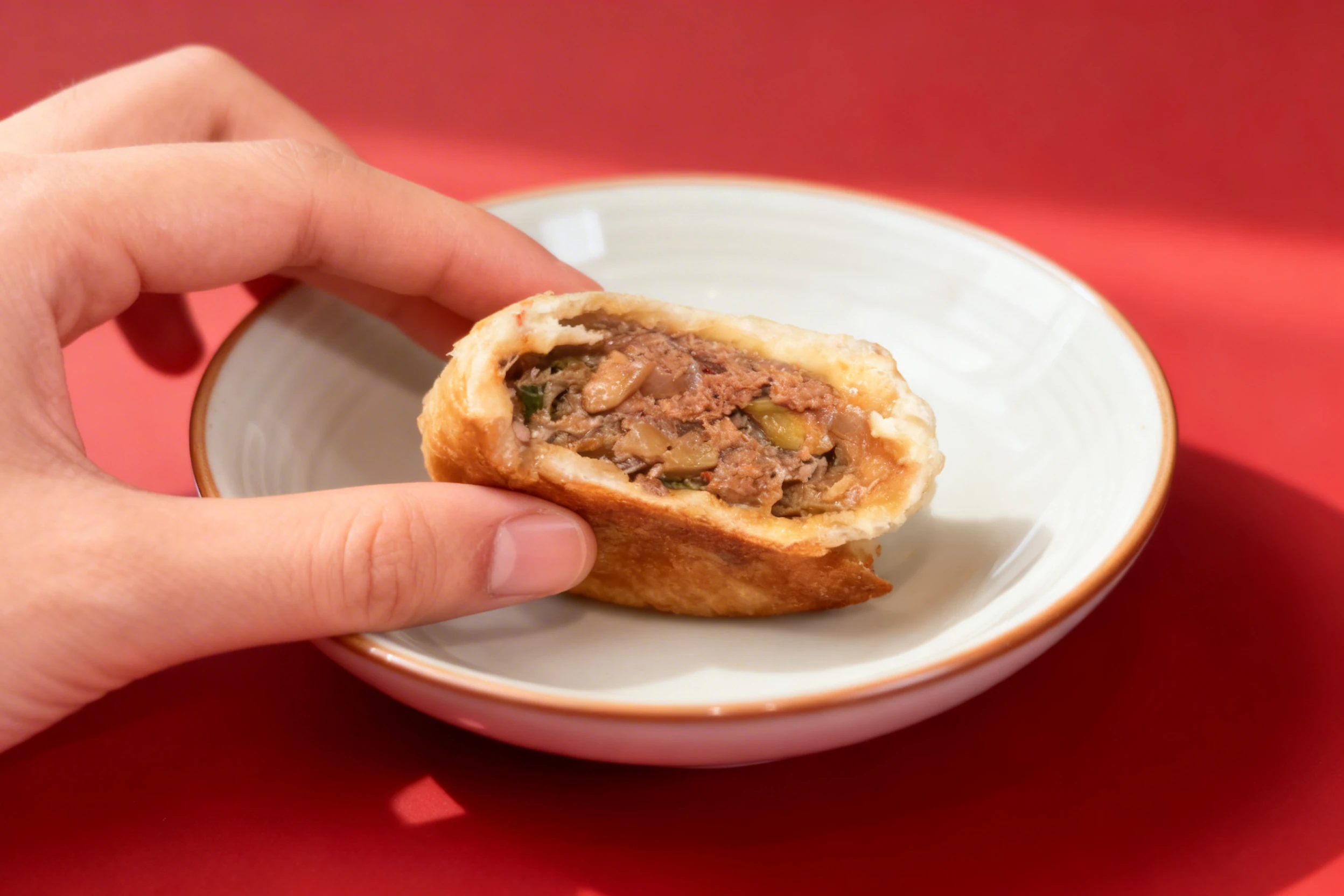 A handheld savory pastry filled with minced meat and vegetables.