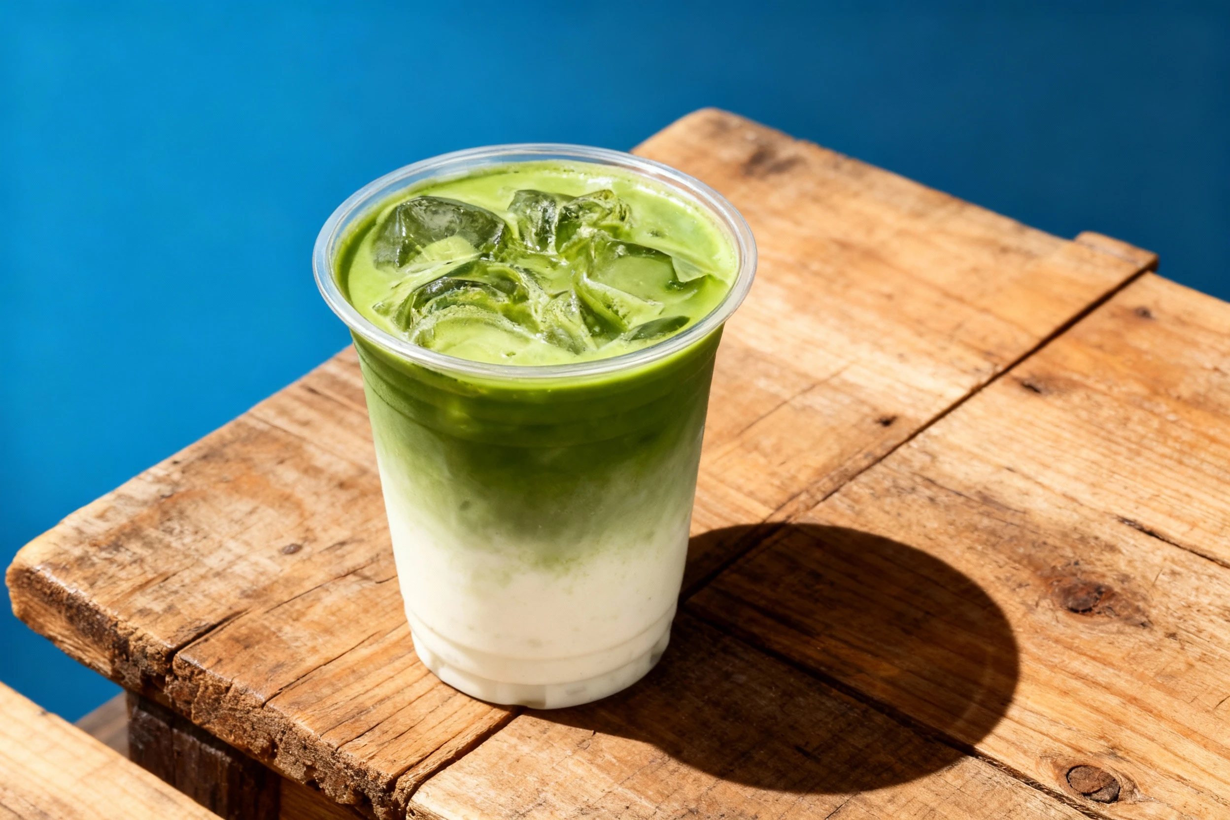 Iced matcha latte with a layer of green tea over milk, served with ice cubes in a plastic takeaway cup.