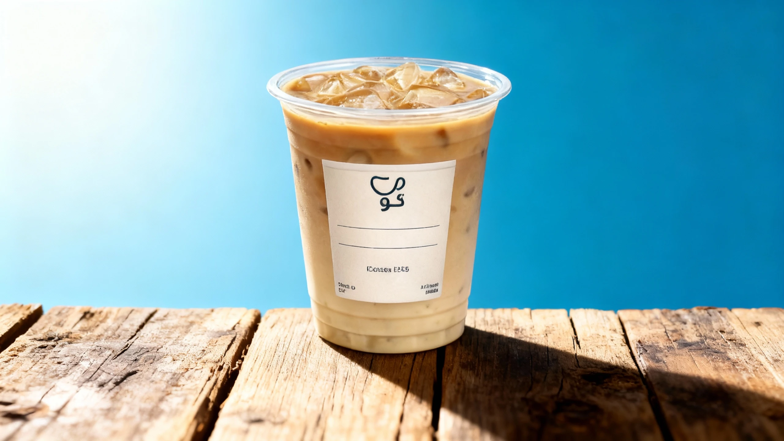 Iced coffee latte containing espresso, milk, and ice cubes in a plastic takeaway cup with a brand label.