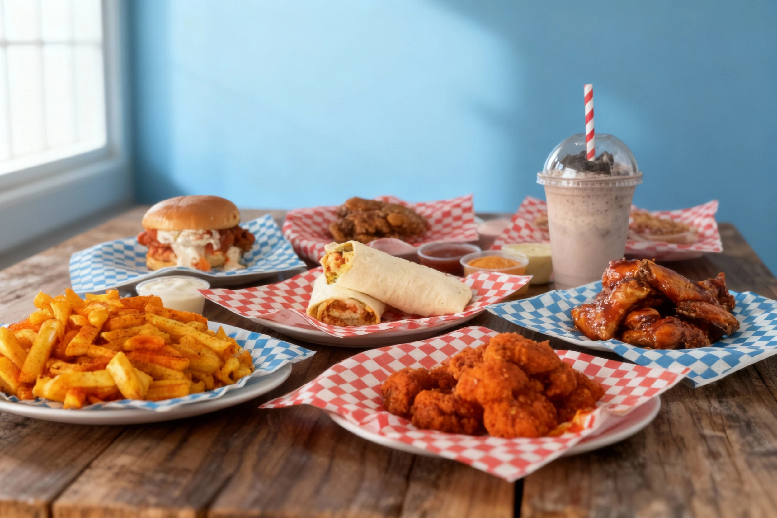 A full meal spread featuring several fried chicken items, including a sauced burger, a chicken wrap, bone-in wings, and boneless pieces, served with a large por