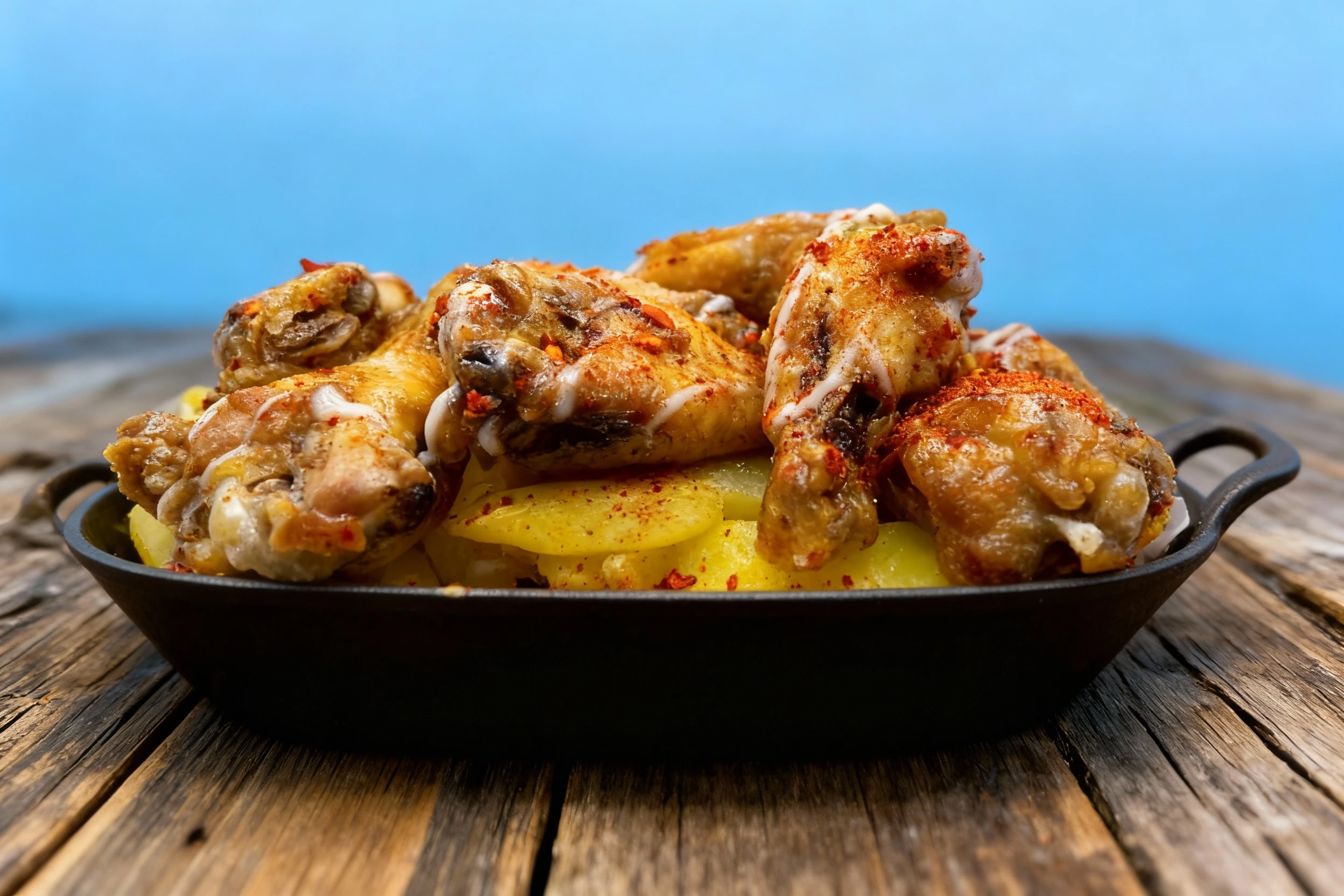 A serving of seasoned chicken wings, drizzled with a white sauce and heavily dusted with red chili flakes, presented over a layer of sliced yellow potatoes.