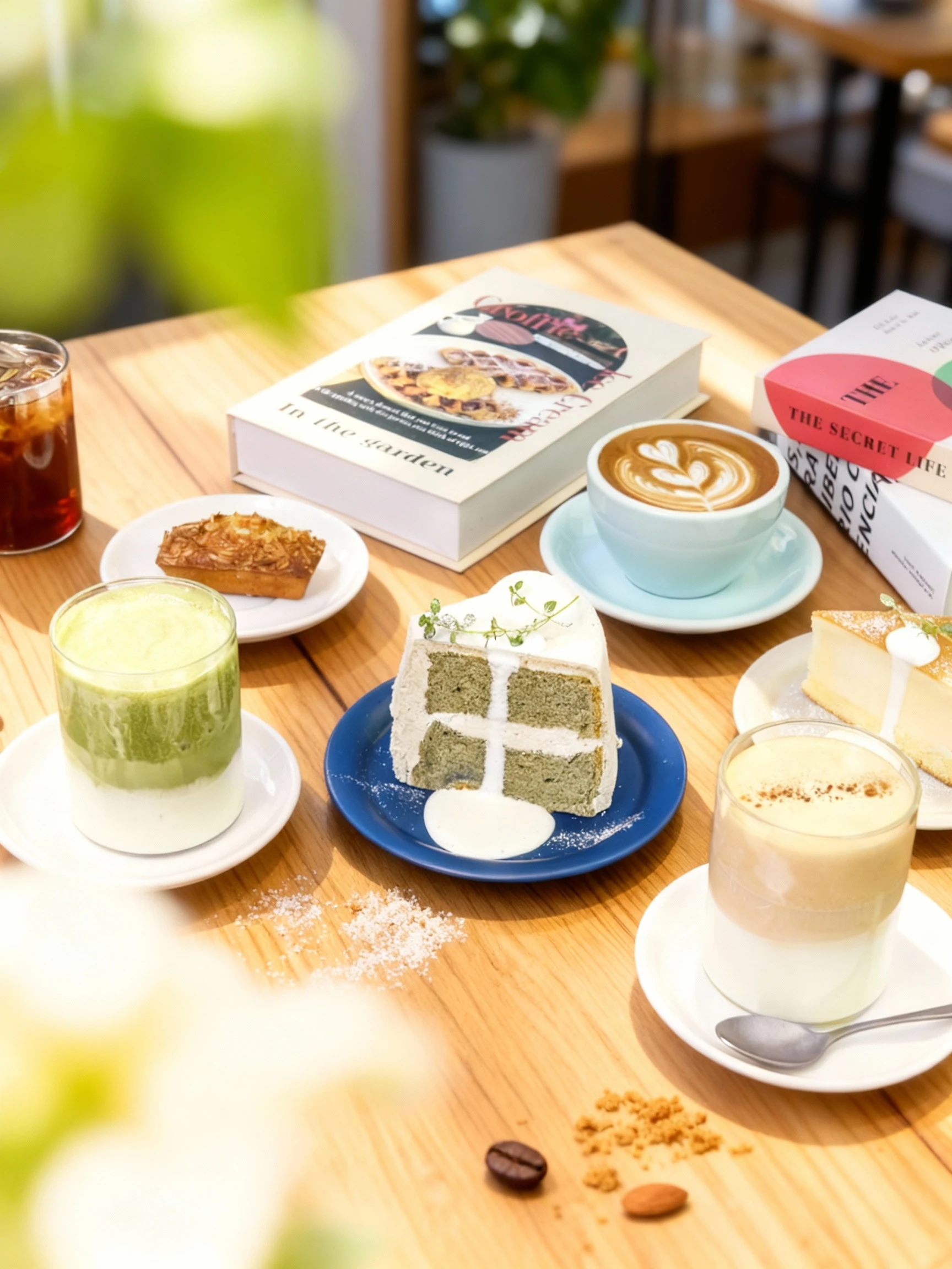 A cafe spread featuring slices of cream cake and cheesecake, almond and plain financiers, a hot latte with heart art, iced matcha, and layered coffee drinks.