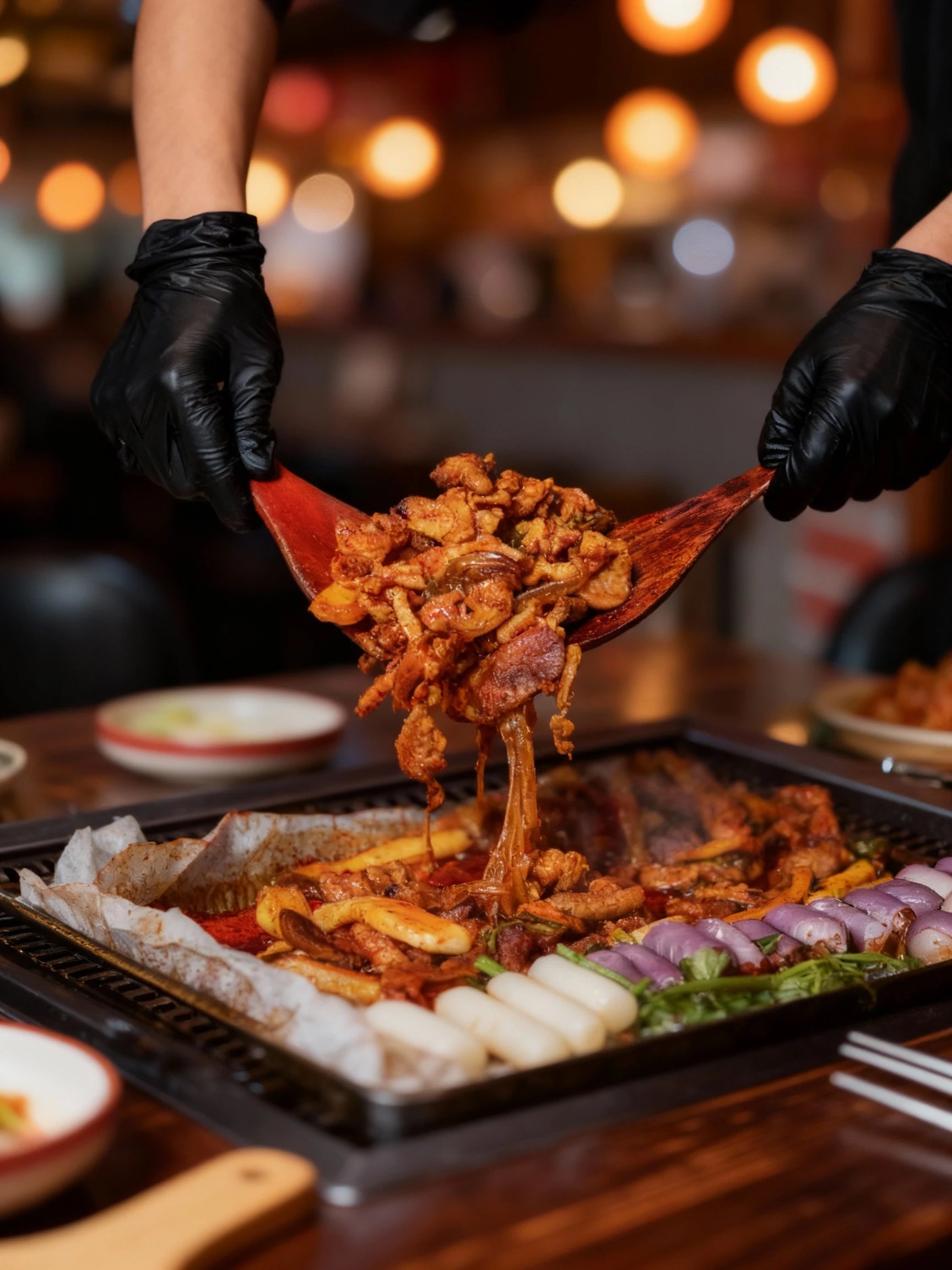 Spicy marinated pork bulgogi being served with wooden paddles over a grill containing tteokbokki, glass noodles, and vegetables.