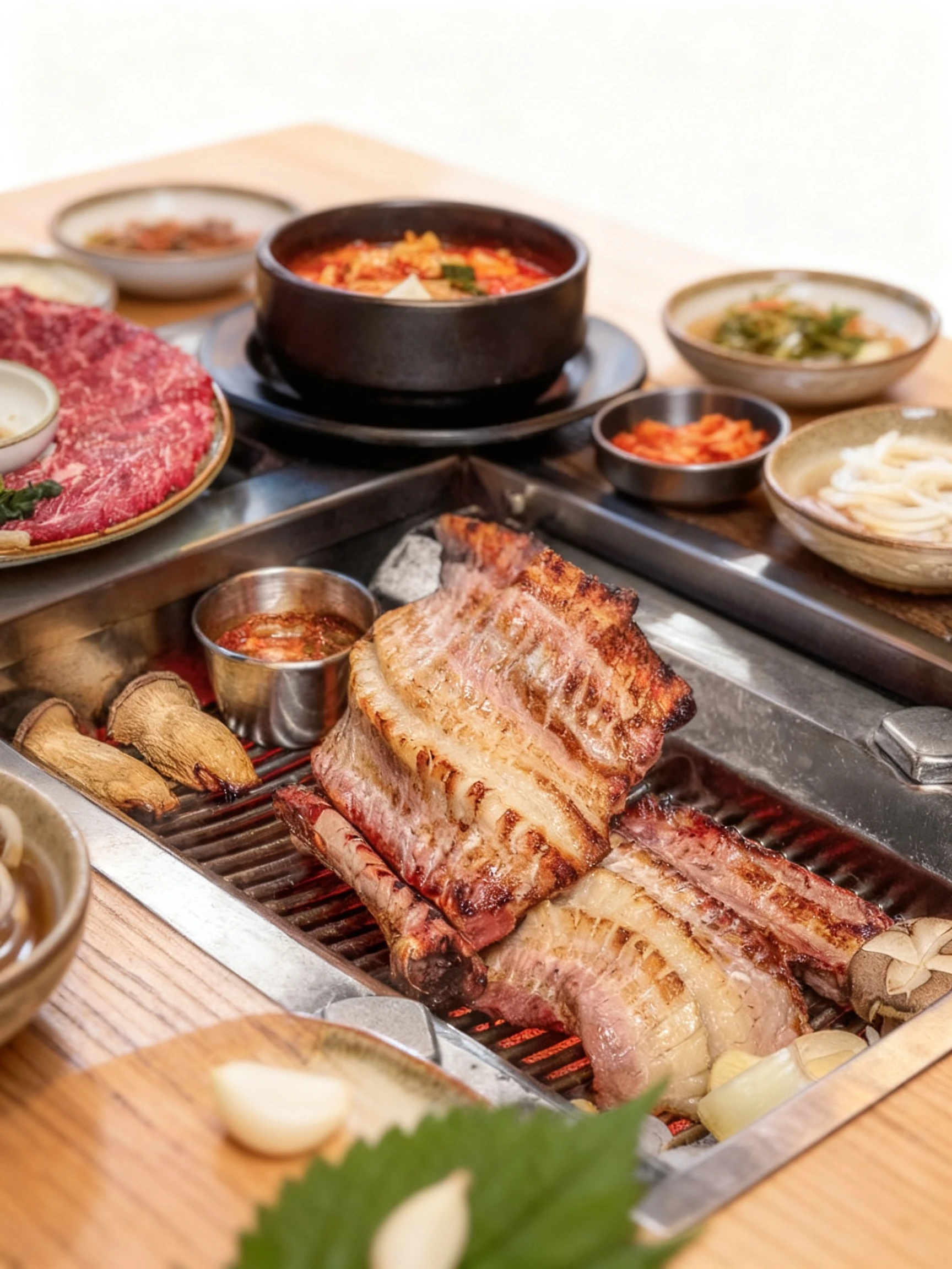 Korean barbecue feast featuring thick-cut pork belly being sliced with scissors over a charcoal grill, accompanied by raw marbled beef, kimchi stew, and various