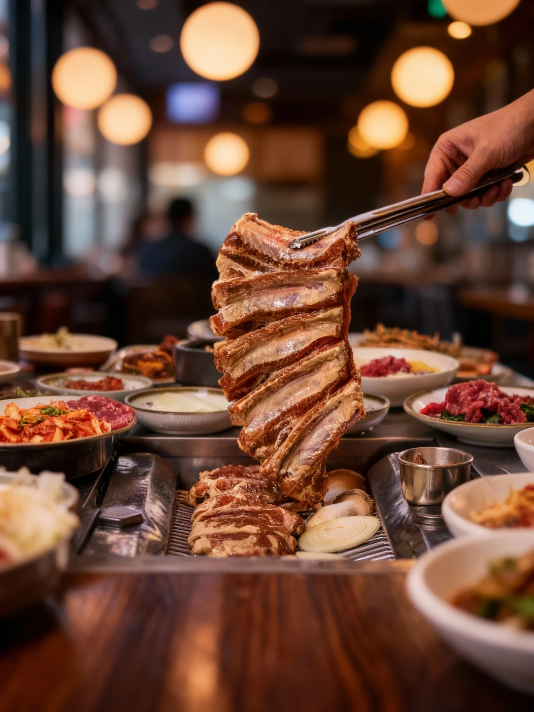 Marinated Korean short ribs being held over a grill with tongs, surrounded by various banchan including kimchi, pickled radish, and raw beef tartare.