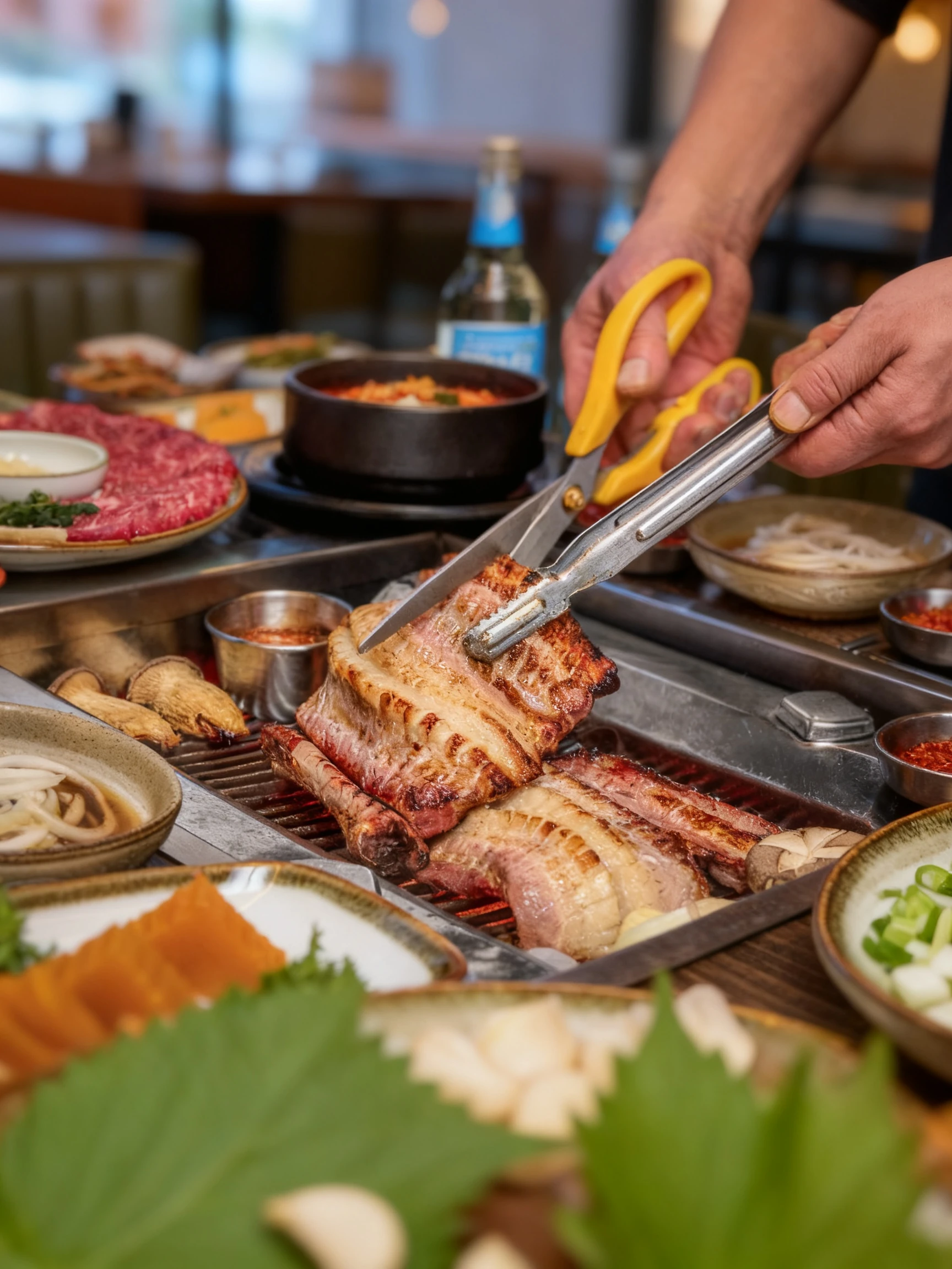 Korean BBQ featuring thick-cut pork belly being grilled with shears and tongs, accompanied by kimchi stew, raw marbled beef, and various banchan side dishes.