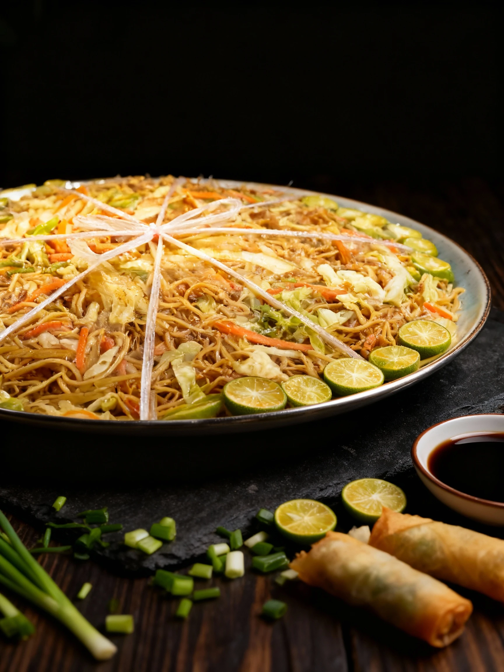 A large, party-sized platter of Filipino Pancit noodles, stir-fried with shredded cabbage and carrots, garnished along the edge with slices of calamansi (or lim