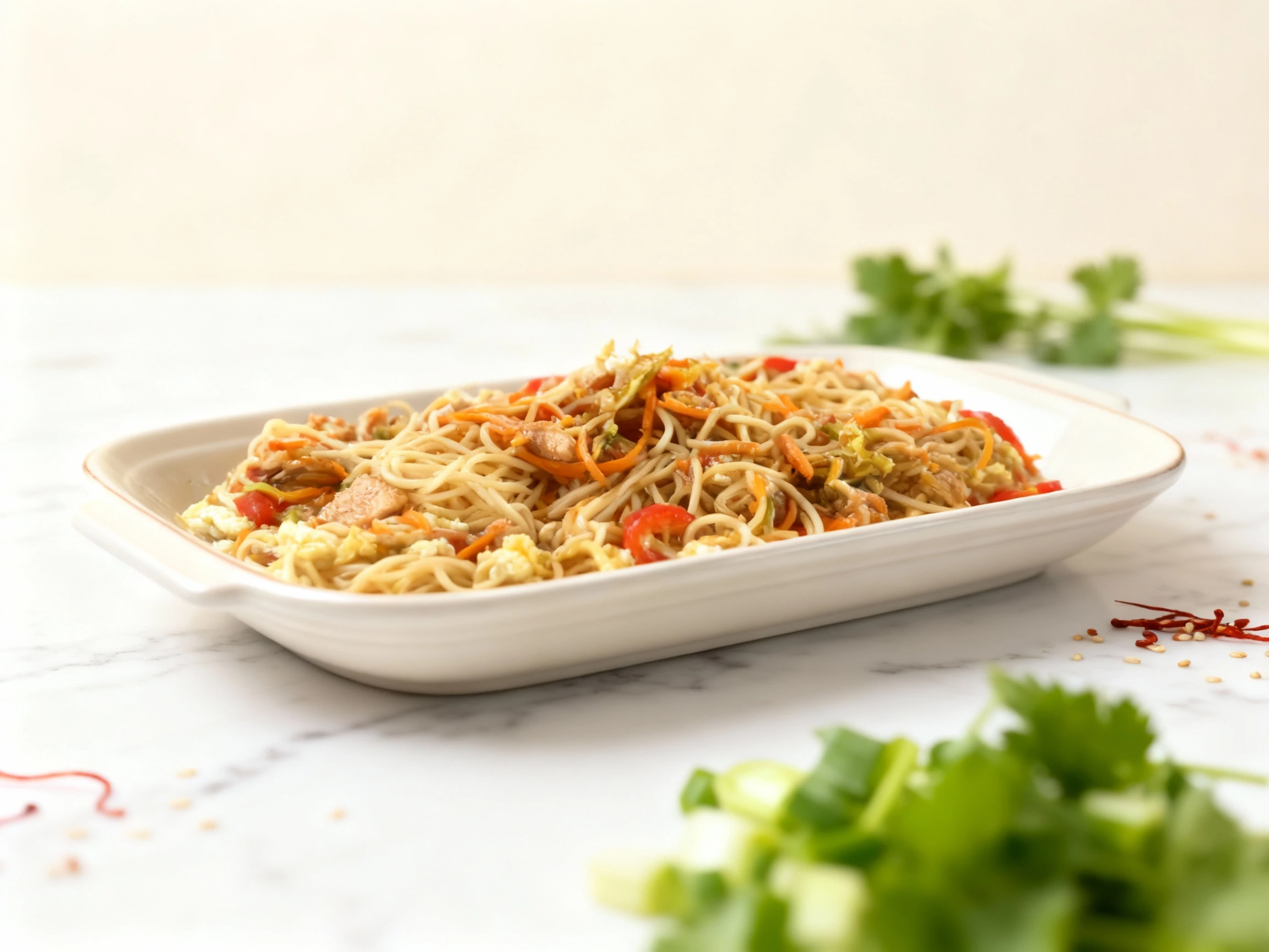 A large portion of stir-fried noodles (lo mein style) mixed with julienned carrots, sliced red bell peppers, pieces of scrambled egg, and chunks of protein, lik
