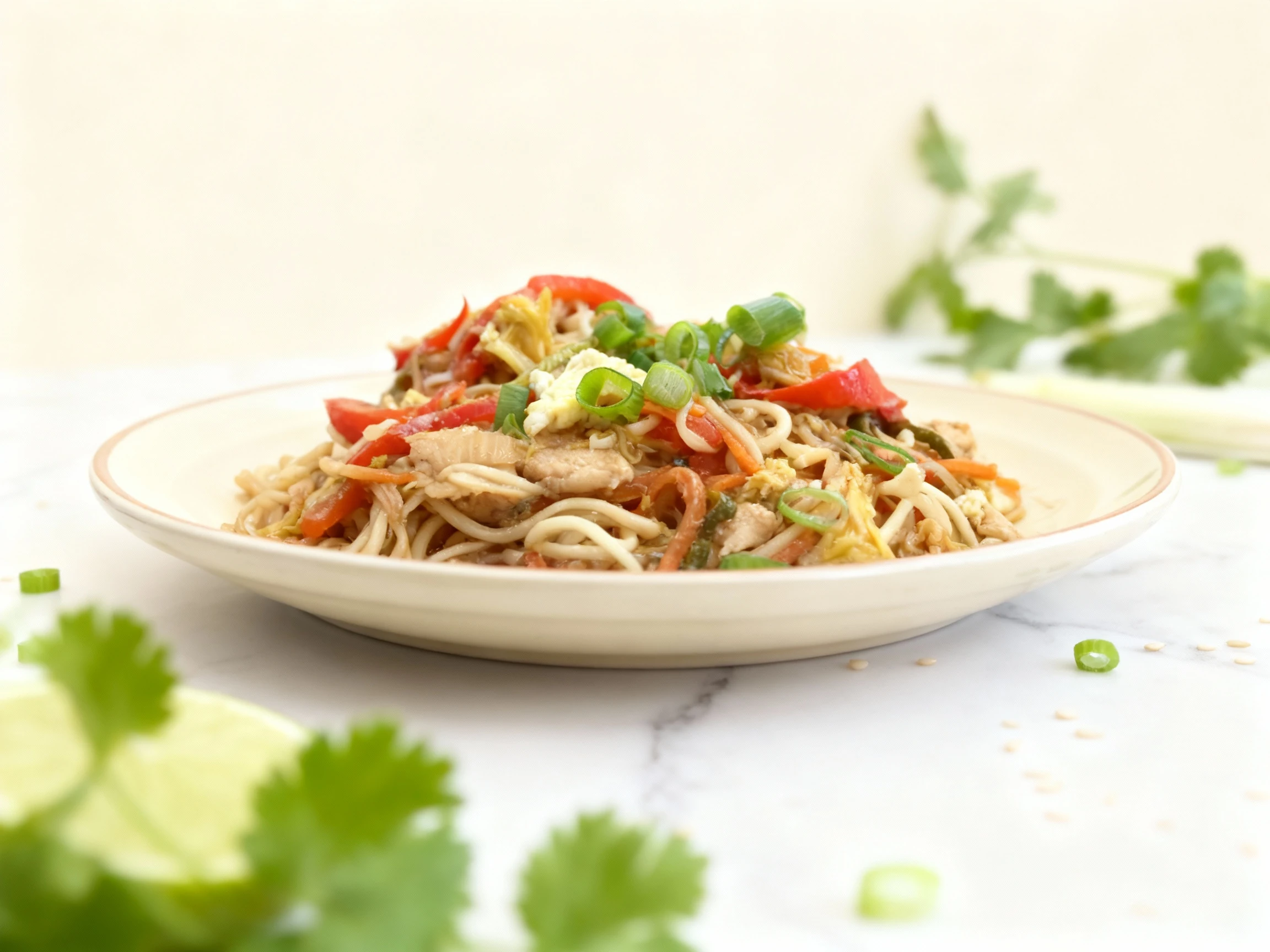 A close-up of stir-fried noodles featuring thick wheat noodles tossed with pieces of chicken, strips of red bell pepper, shredded carrots, cabbage, and chunks o