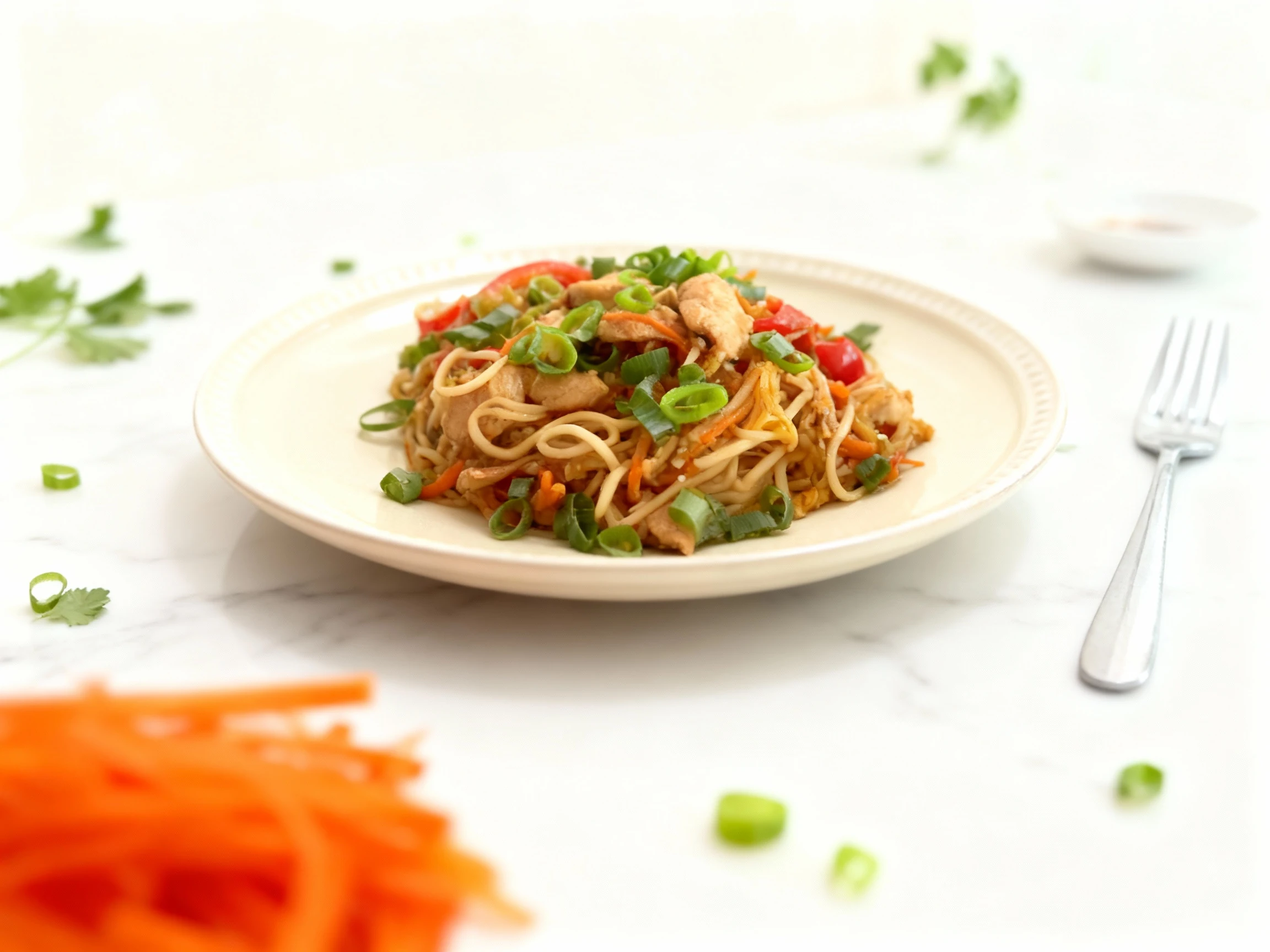 Stir-fried chicken noodles tossed with pieces of chicken, shredded carrots, and red bell pepper strips, generously garnished with fresh chopped scallions.