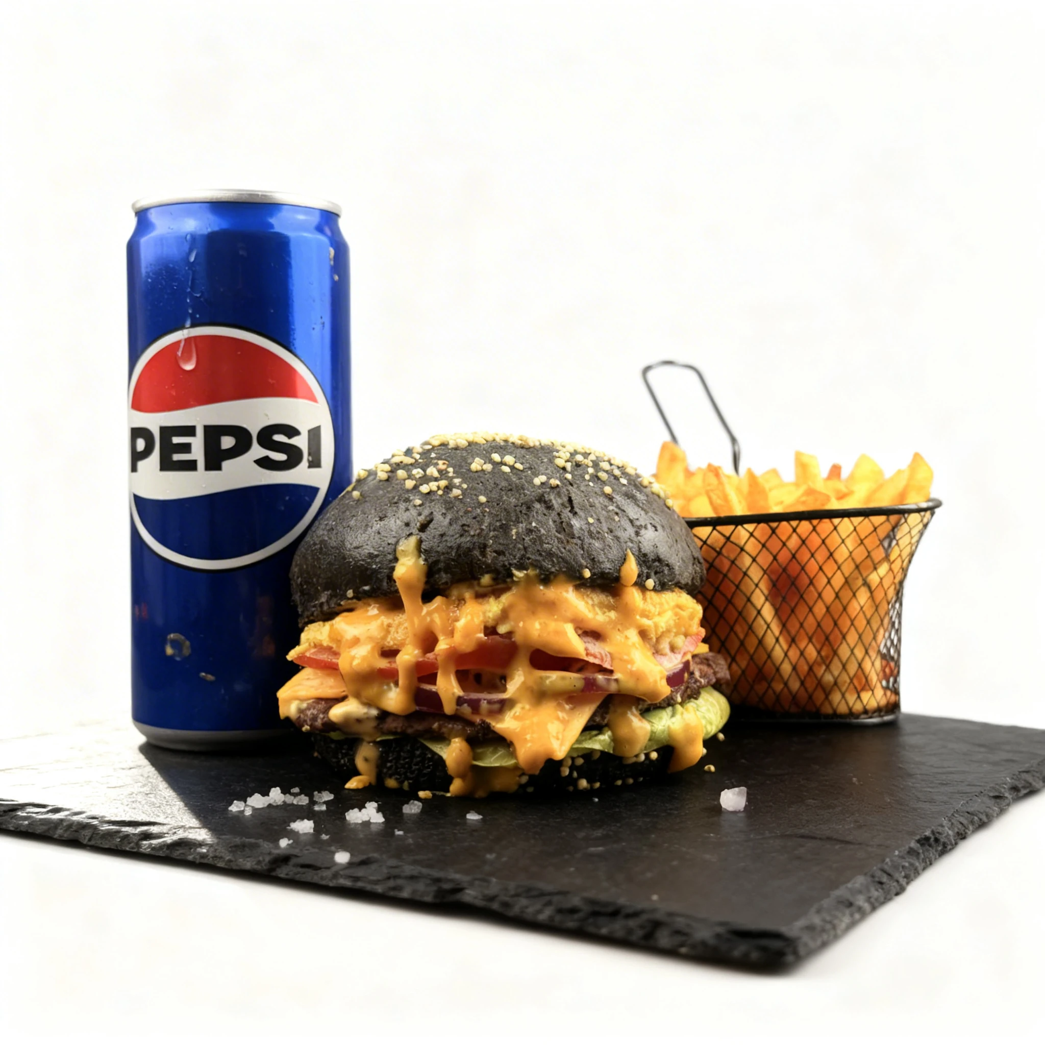 A beef burger on a black charcoal bun with melted cheese sauce, lettuce, tomato, and red onion, served with a side of French fries and a can of Pepsi.