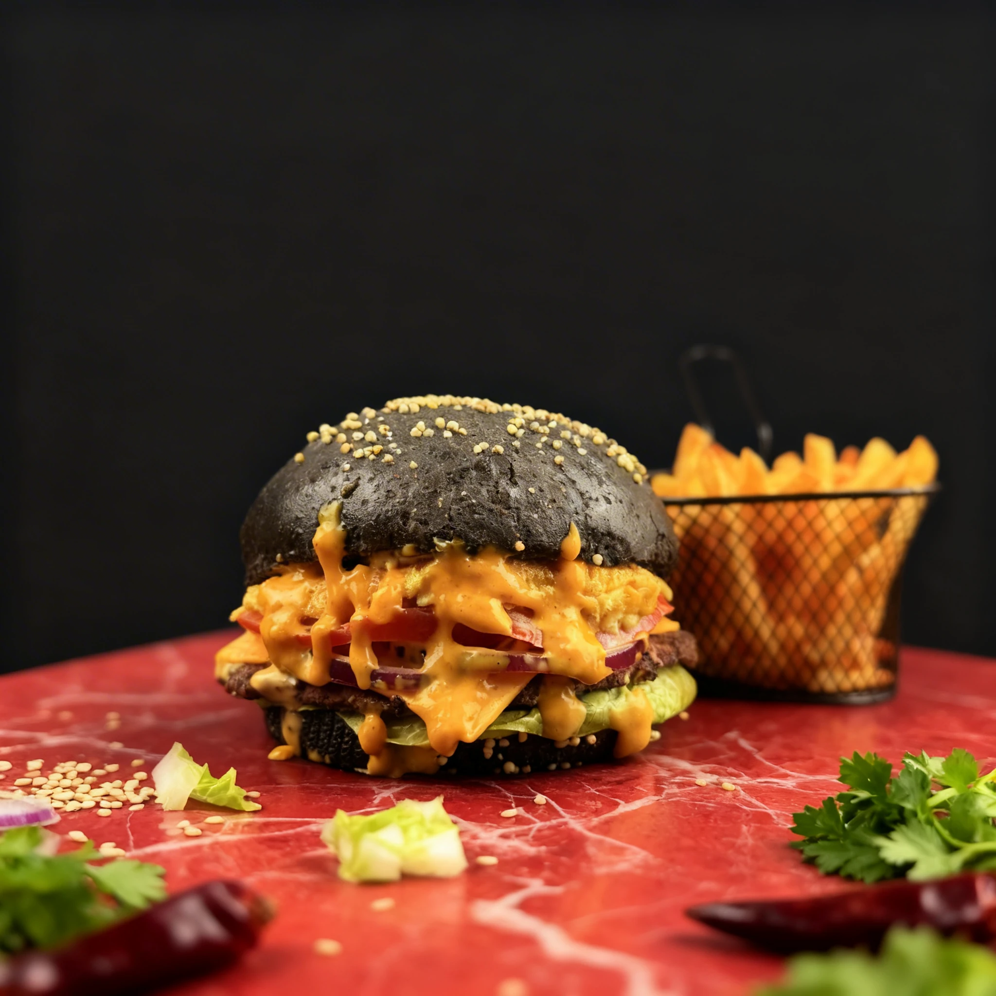 A beef burger served on a black charcoal bun topped with sesame seeds, featuring layers of melted cheese sauce, lettuce, tomato, and red onion, accompanied by a