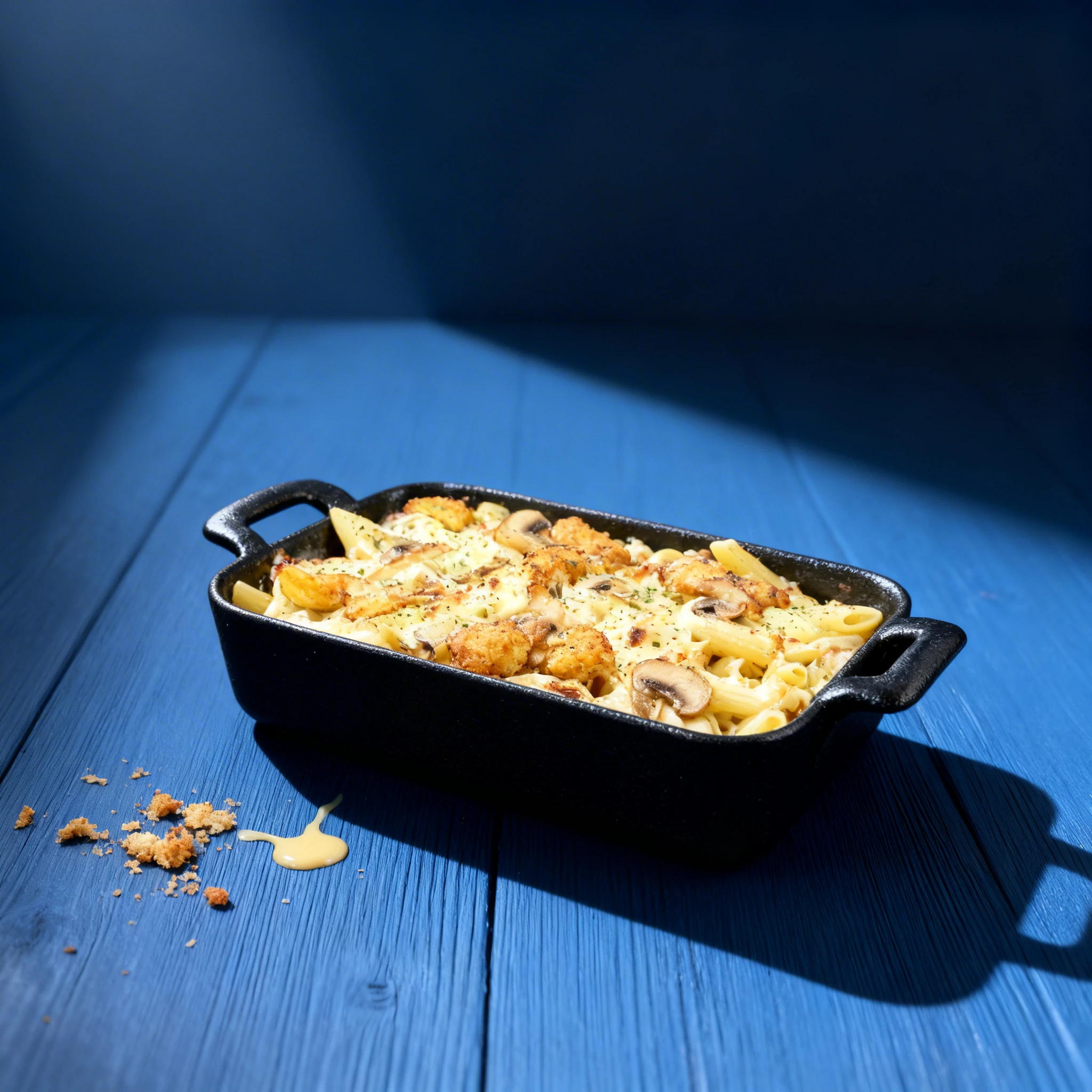 Baked penne pasta with a creamy cheese sauce, sliced mushrooms, and breaded chicken pieces served in a black cast-iron style dish.