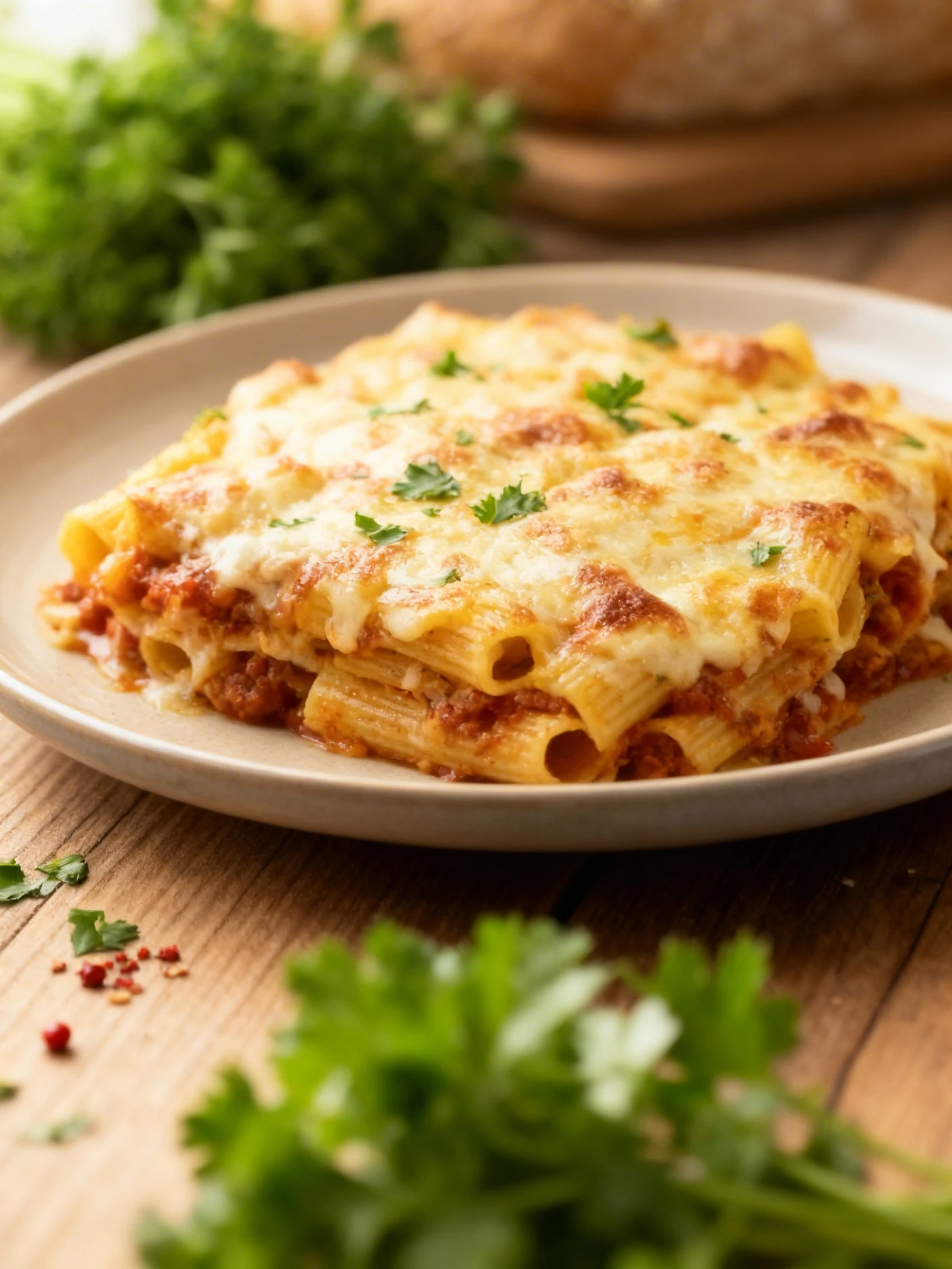 Baked rigatoni pasta casserole with melted mozzarella and browned cheddar cheese, garnished with fresh parsley.