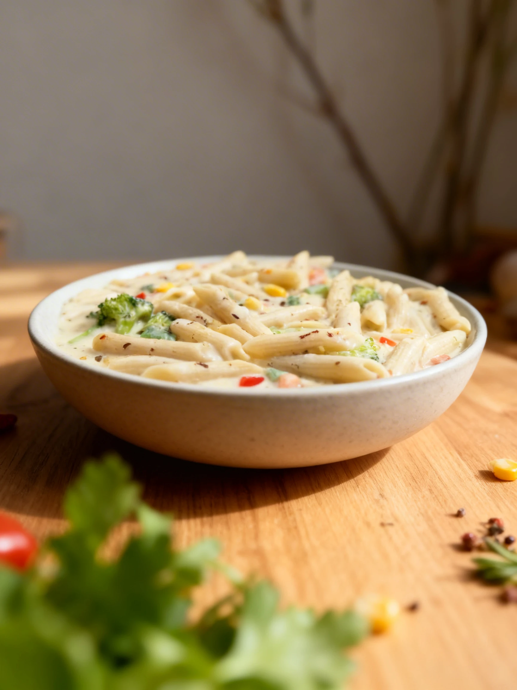 Penne pasta in a creamy white sauce mixed with broccoli florets, sweetcorn, and diced red peppers, garnished with chili flakes and herbs.