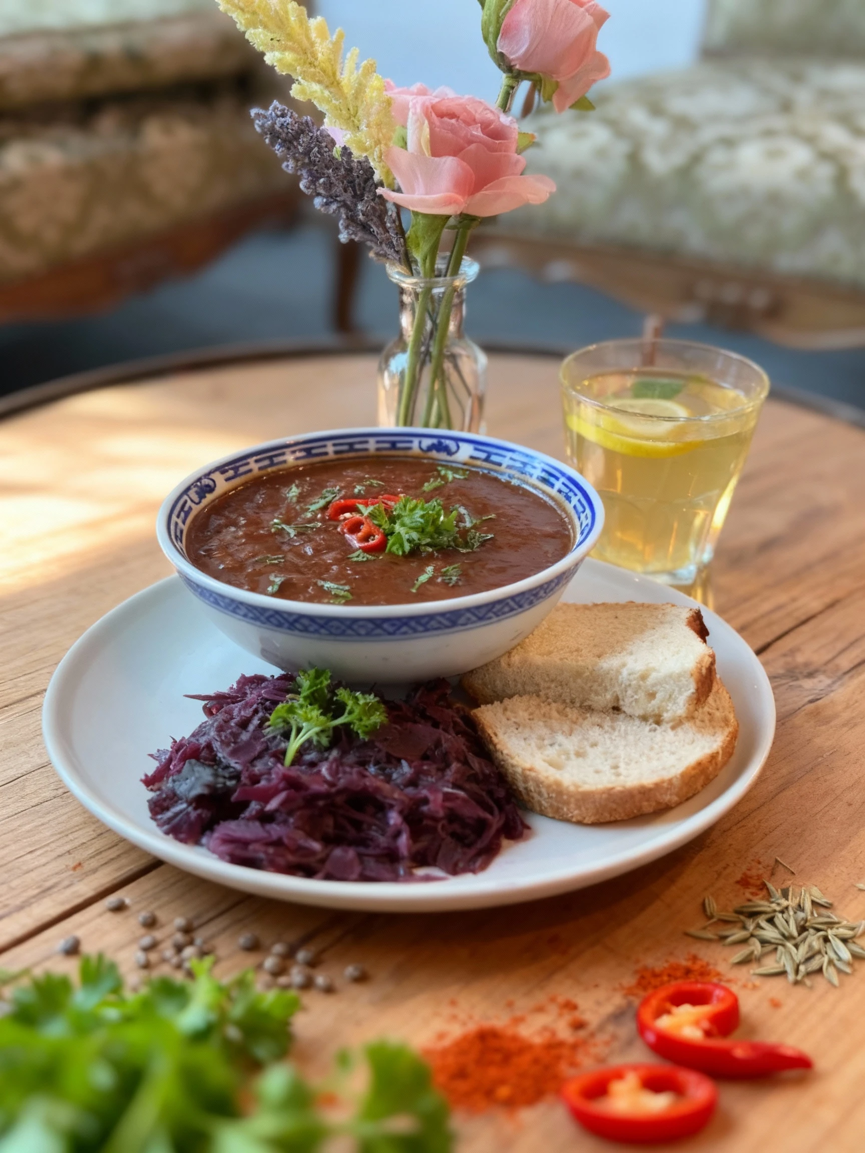 A hearty goulash or dark stew served in a patterned bowl, garnished with fresh parsley and sliced red chili pepper. The dish is accompanied by a side of stewed