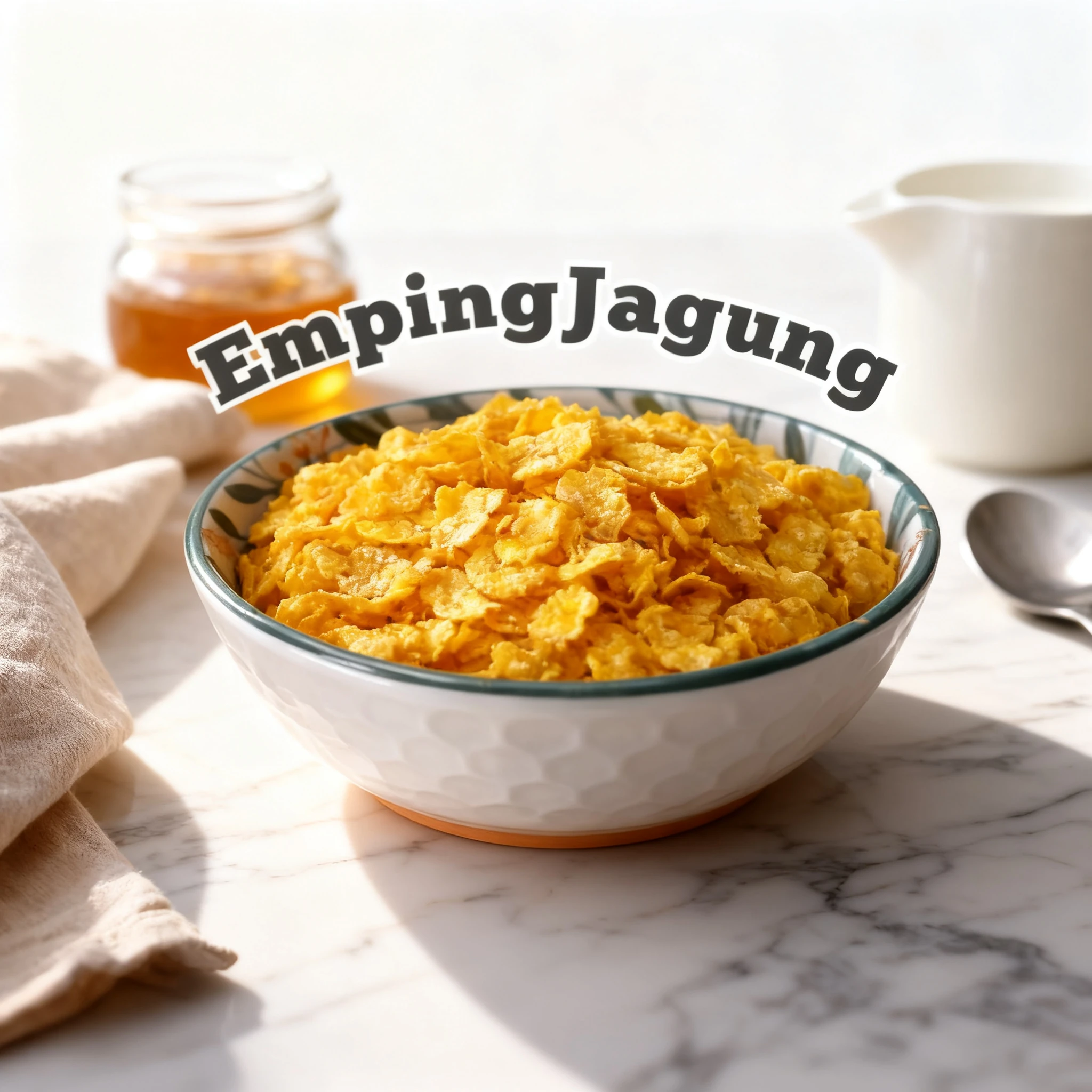 A ceramic bowl filled with Emping Jagung corn chips, arranged with a honey jar and a milk pitcher in the background.