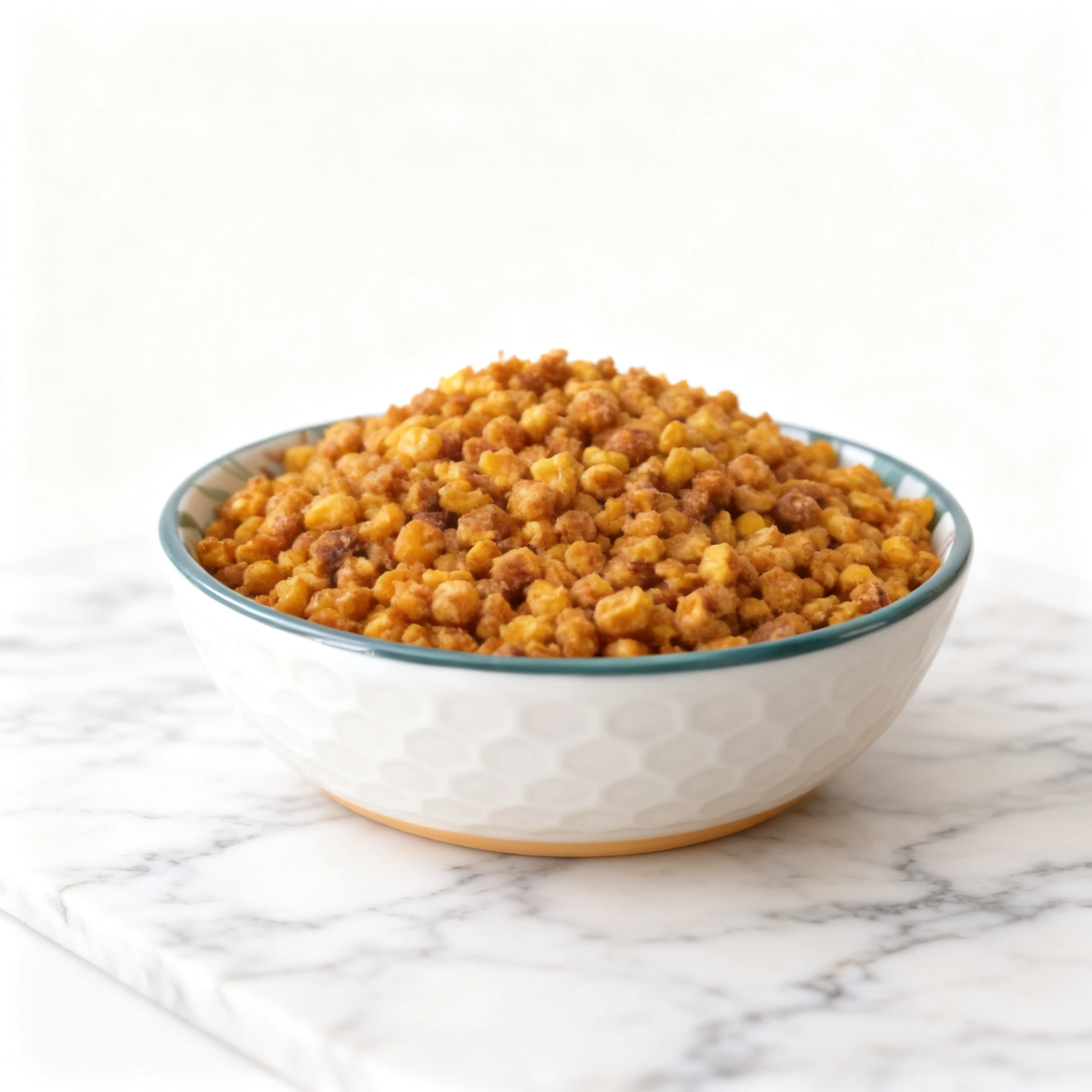 Jagung Marning, a snack of deep-fried corn kernels, served in a white ceramic bowl with a patterned rim.