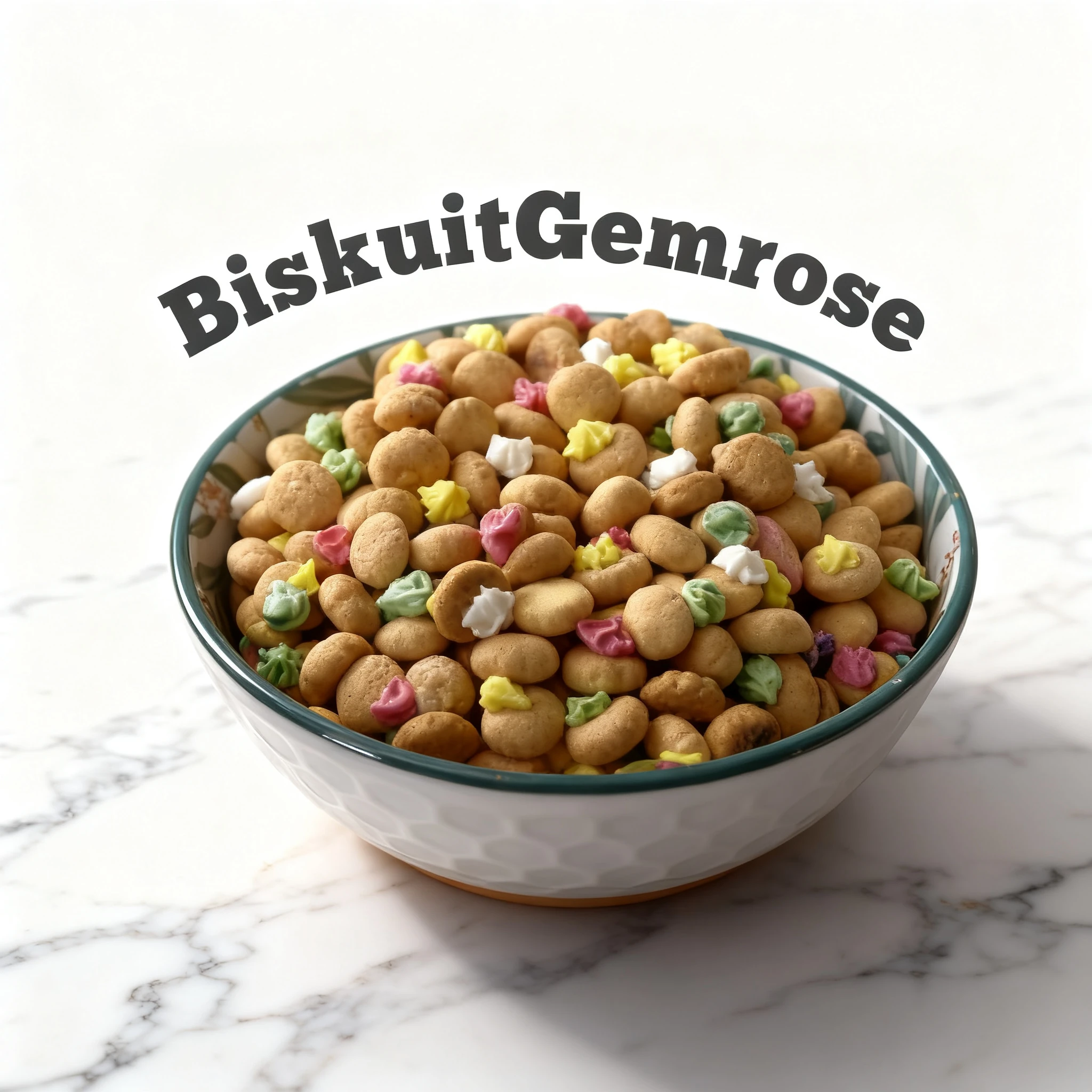 A ceramic bowl filled with Biskuit Gemrose, which are small round biscuits topped with colorful swirls of sugar icing in pink, yellow, green, and white.