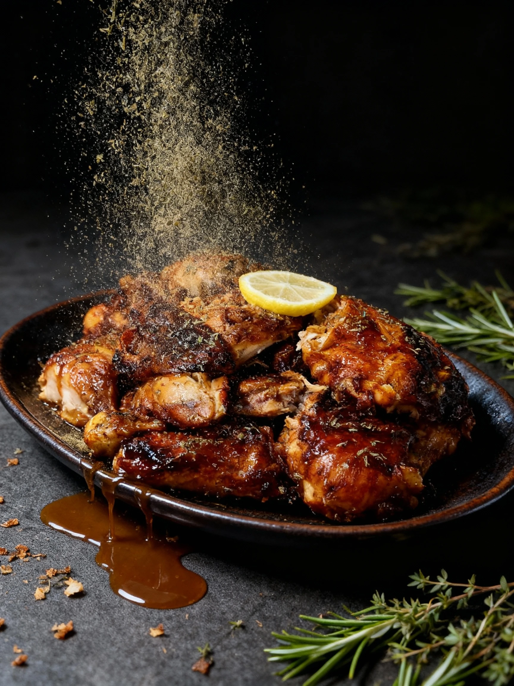 A large portion of dark glazed chicken pieces, including legs and thighs, covered in a glossy sauce, sprinkled with dried herbs, and garnished with a lemon slic