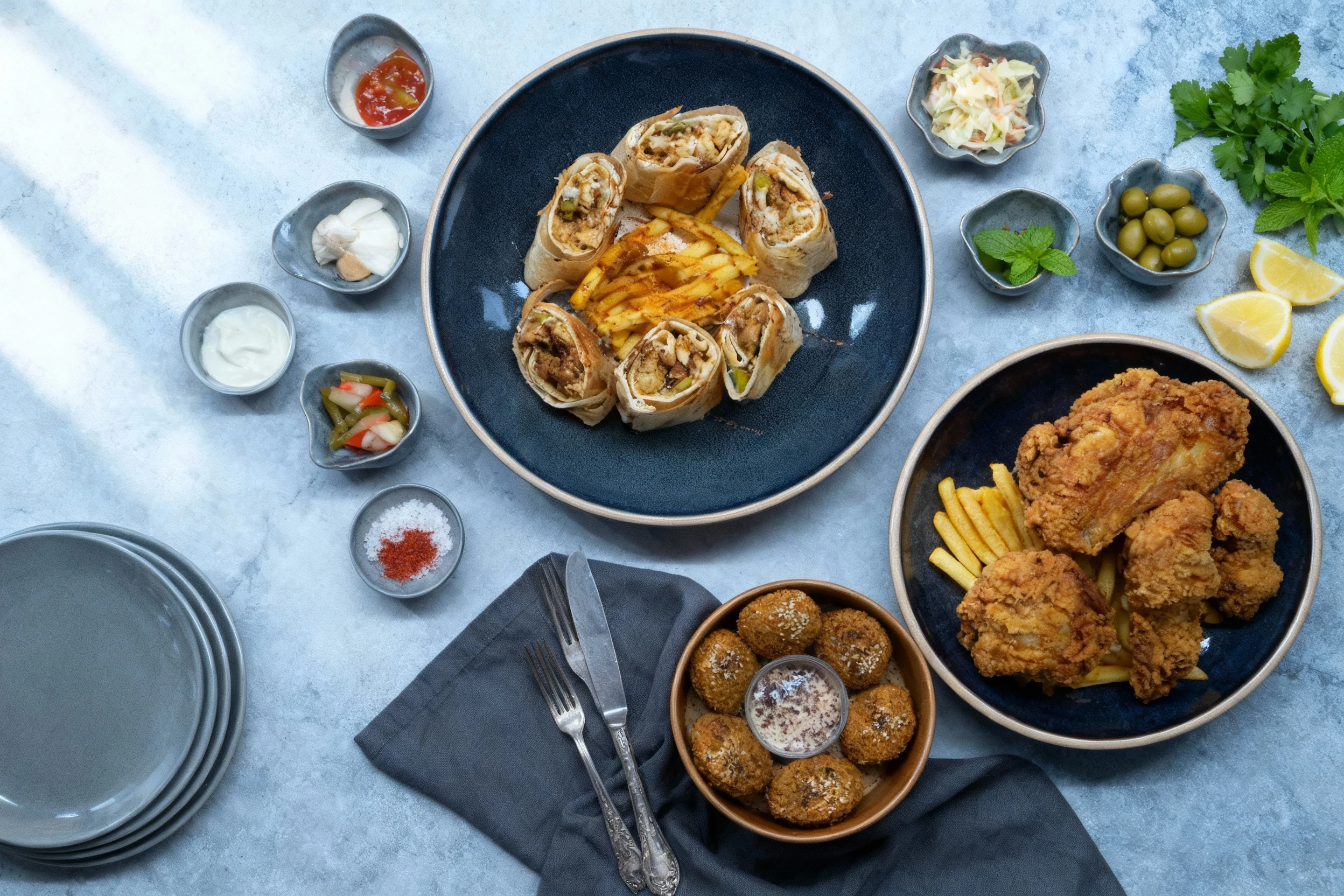 A varied meal featuring a main plate of cut chicken shawarma wraps served alongside seasoned french fries, a side of crispy fried chicken pieces with unseasoned
