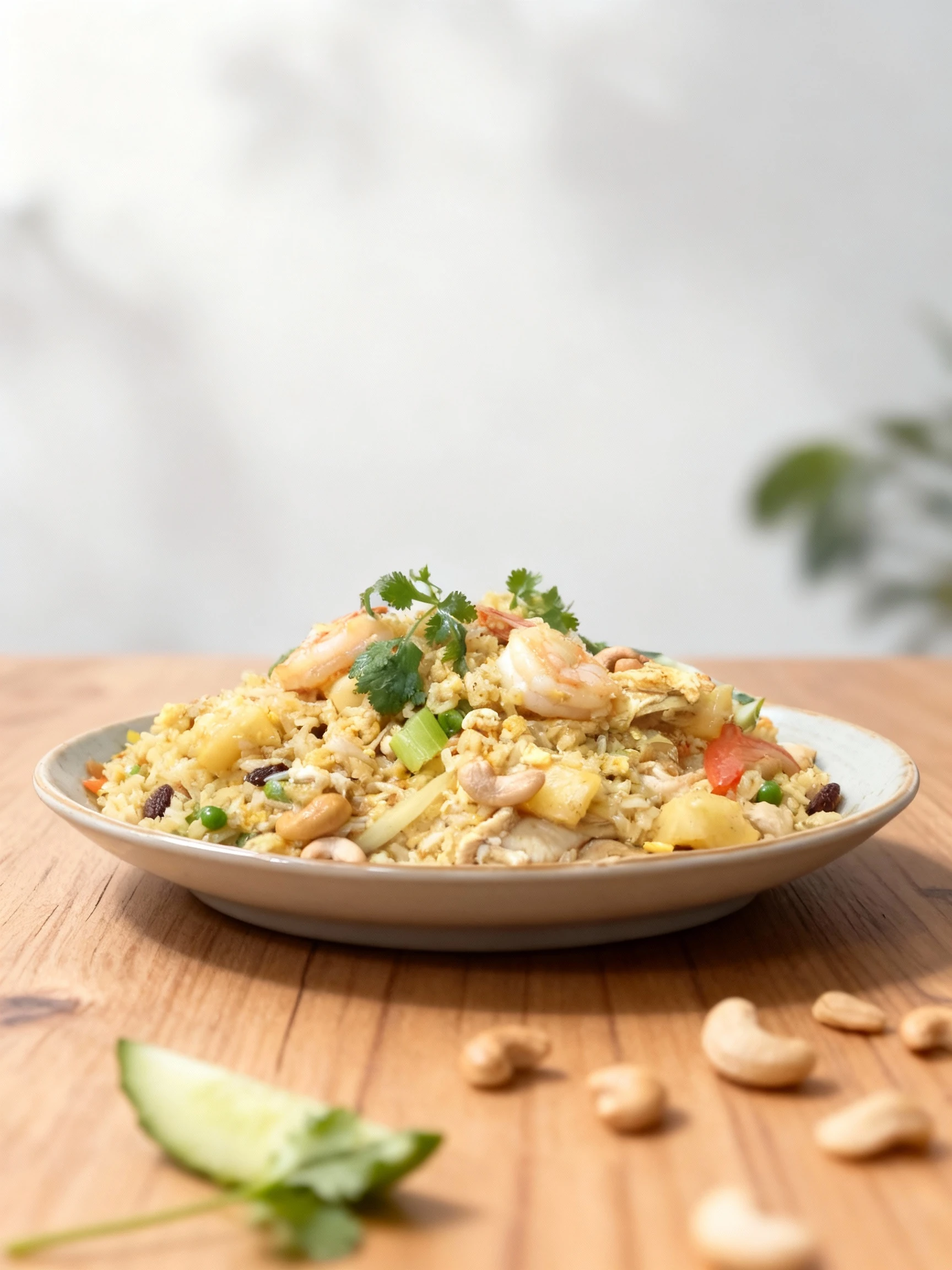 Pineapple fried rice containing large shrimp, pieces of chicken, scrambled egg, green peas, and cashews garnished with cilantro and cucumber slices.