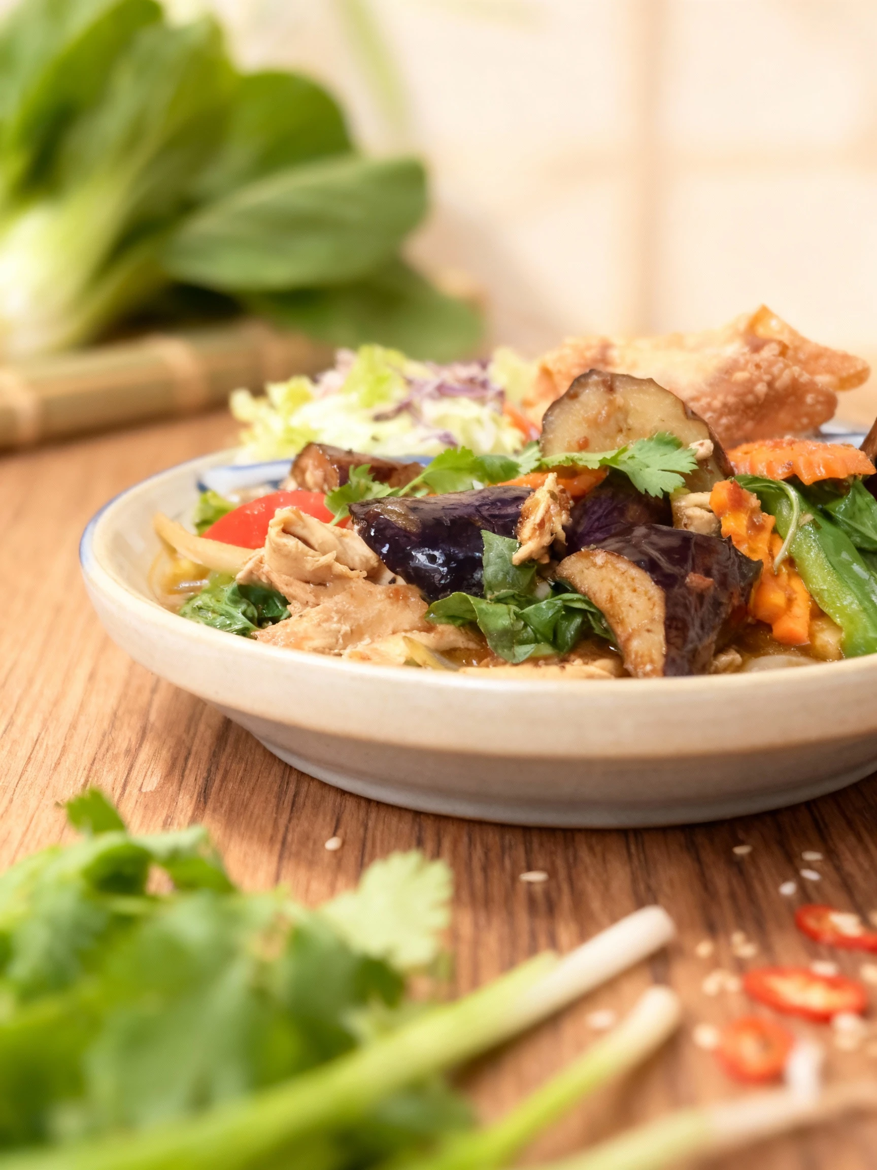 Stir-fried eggplant with chicken, crinkle-cut carrots, and red bell peppers in a savory sauce, served with a side of garden salad and crispy fried wontons.