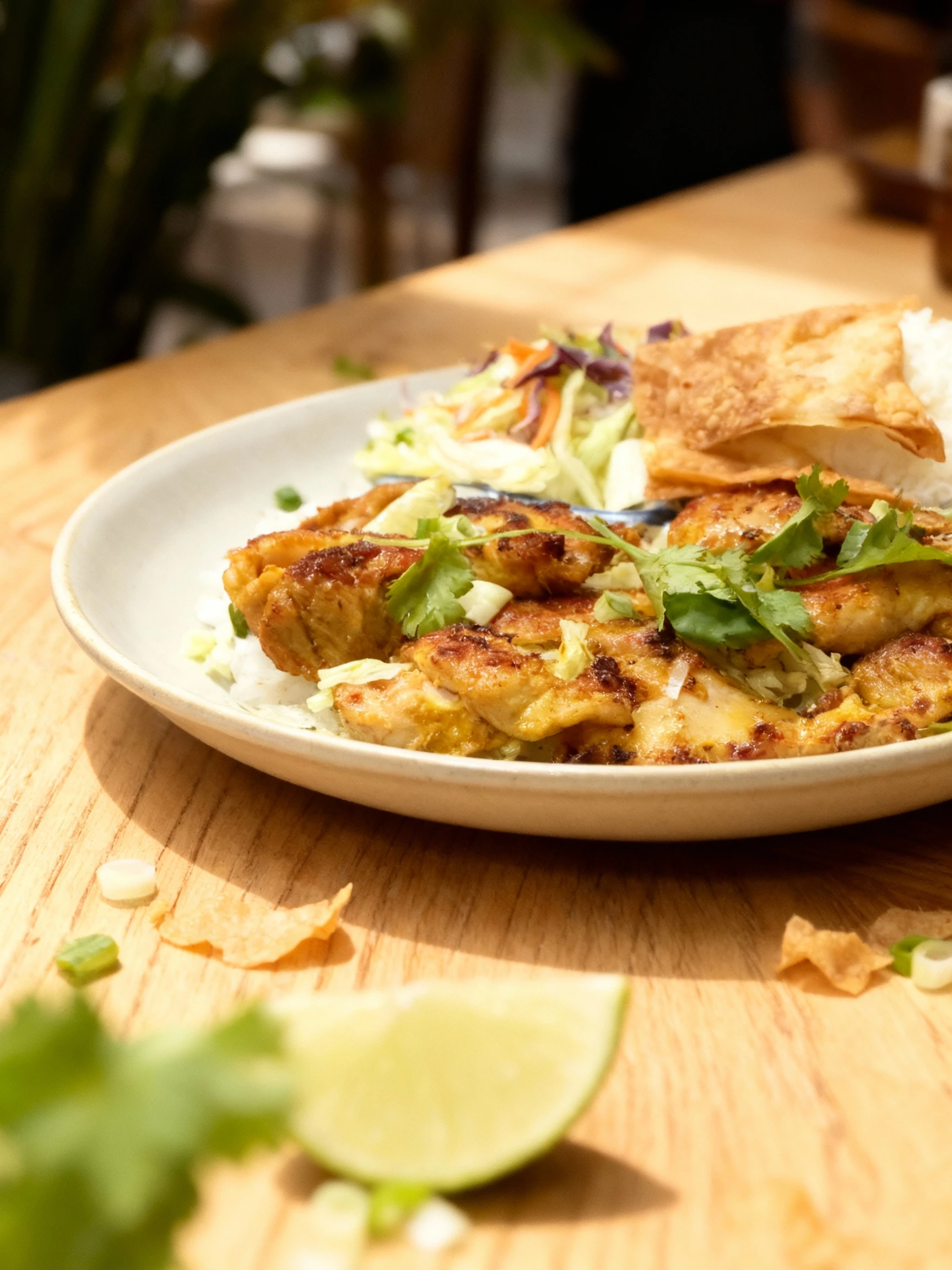 Grilled turmeric chicken platter served with steamed white rice, crispy wonton skins, and a side salad of shredded lettuce, cabbage, and carrots topped with cil