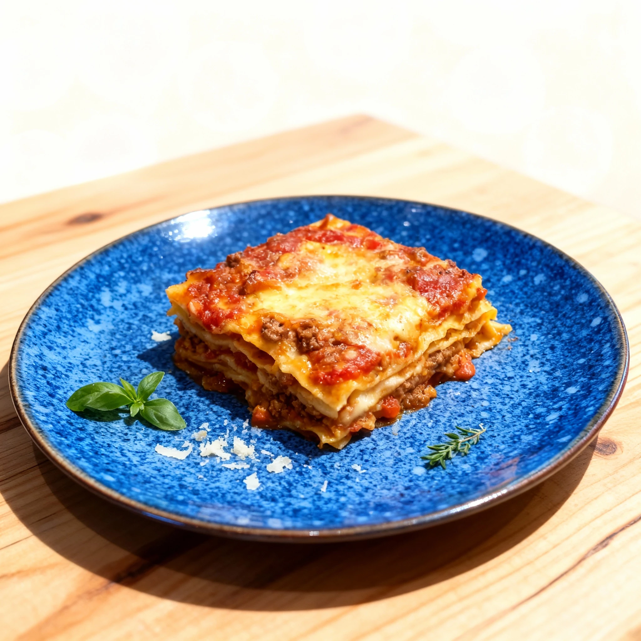 A single square slice of lasagna featuring layers of pasta, meat sauce, and melted cheese served on a white plate.