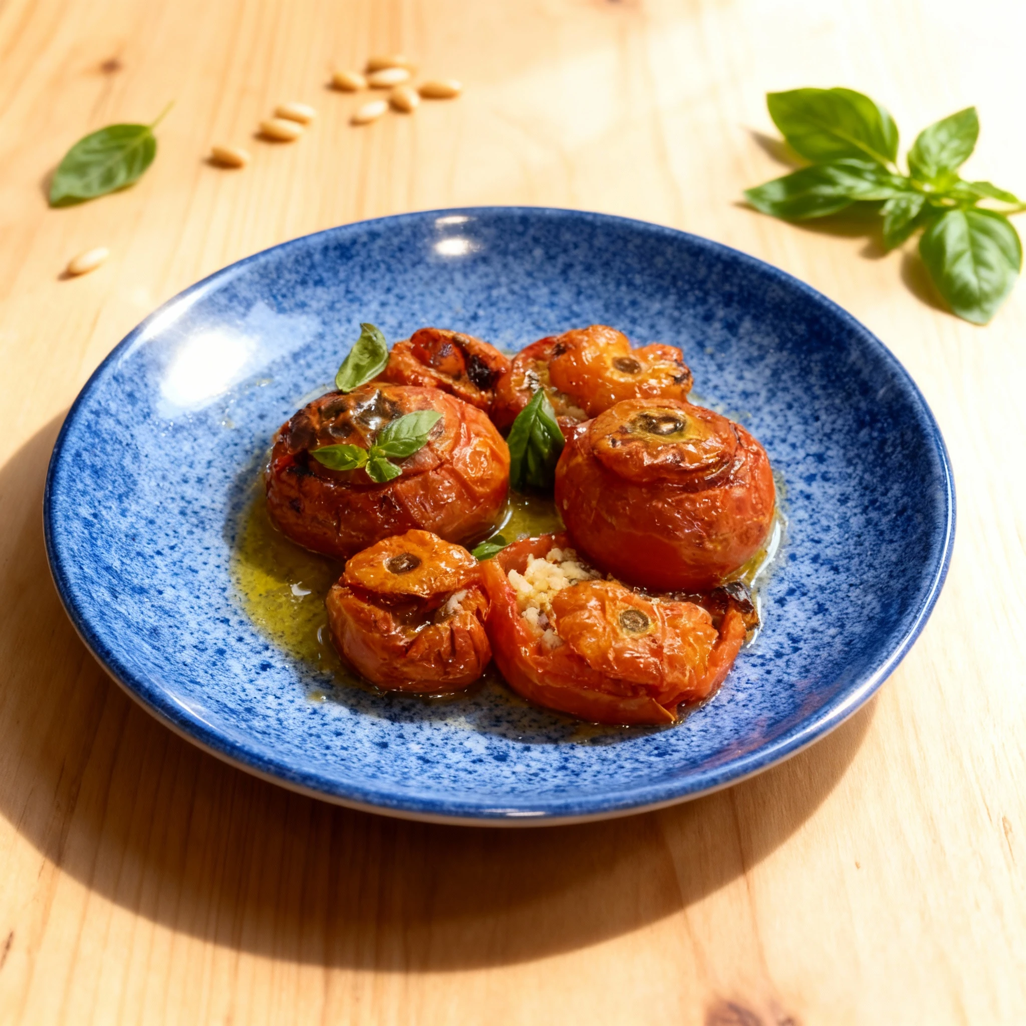 Multiple white plates featuring roasted stuffed tomatoes garnished with fresh basil leaves and drizzled with olive oil.