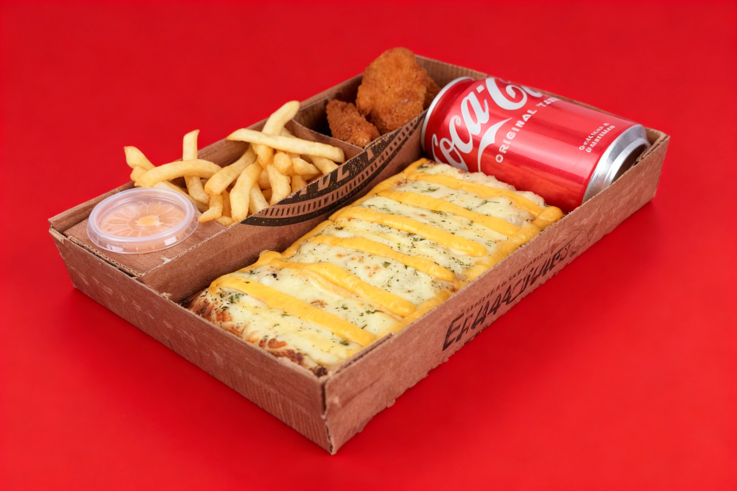 A combo box featuring a flatbread pizza topped with melted cheese and mustard stripes, golden french fries, fried chicken nuggets, a dipping sauce, and a can of