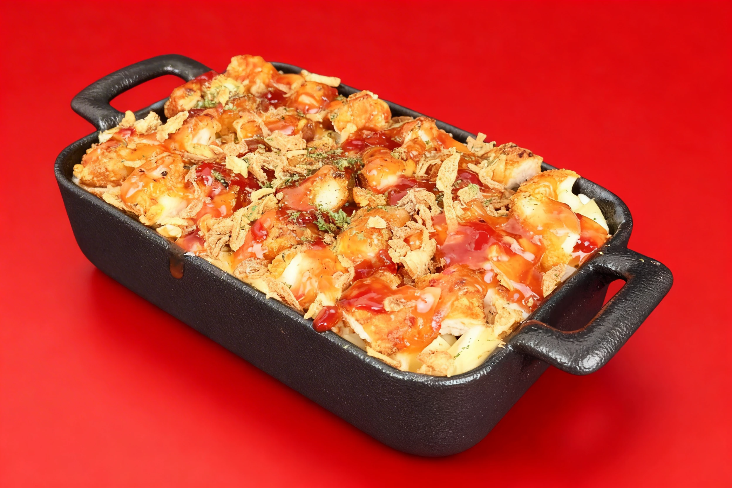 Macaroni and cheese topped with breaded chicken pieces, sweet chili sauce, crispy fried onions, and dried parsley served in a black cast iron dish.