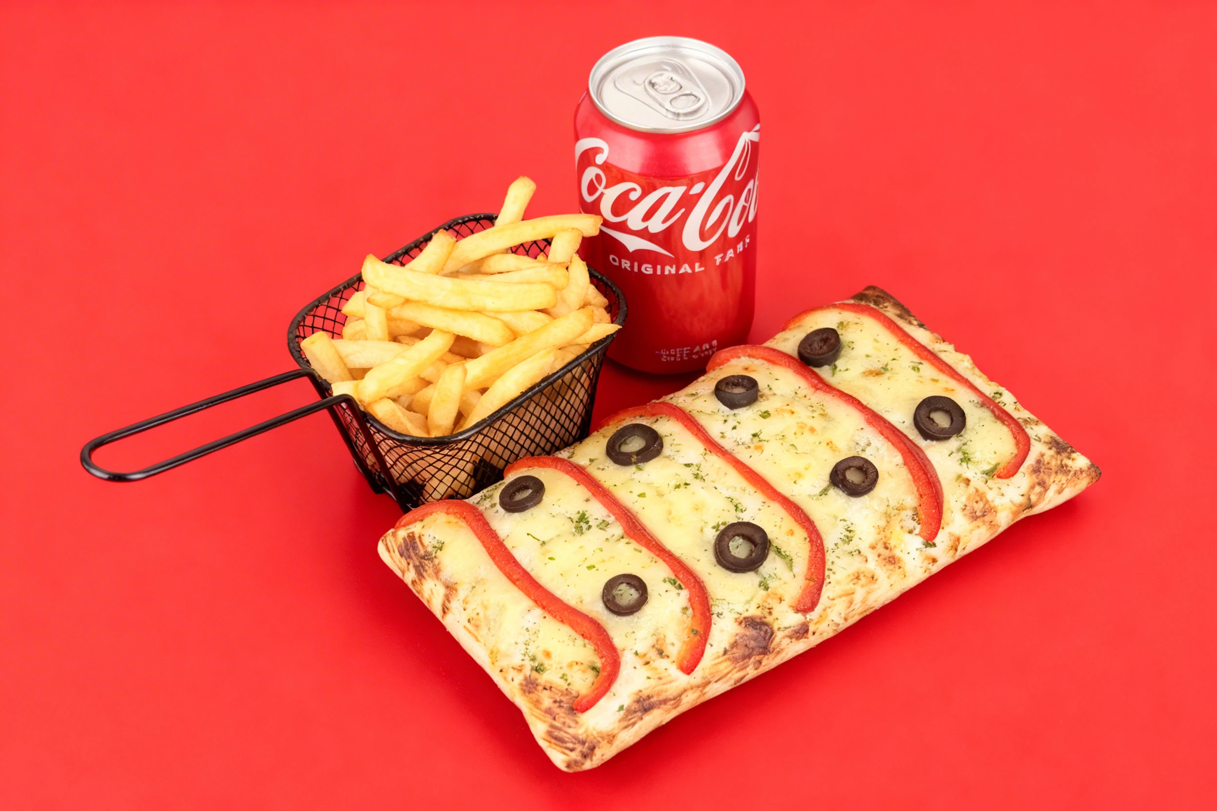 A rectangular toasted wrap topped with melted cheese, sliced red peppers, and black olives, served with french fries in a metal wire basket and a can of Coca-Co