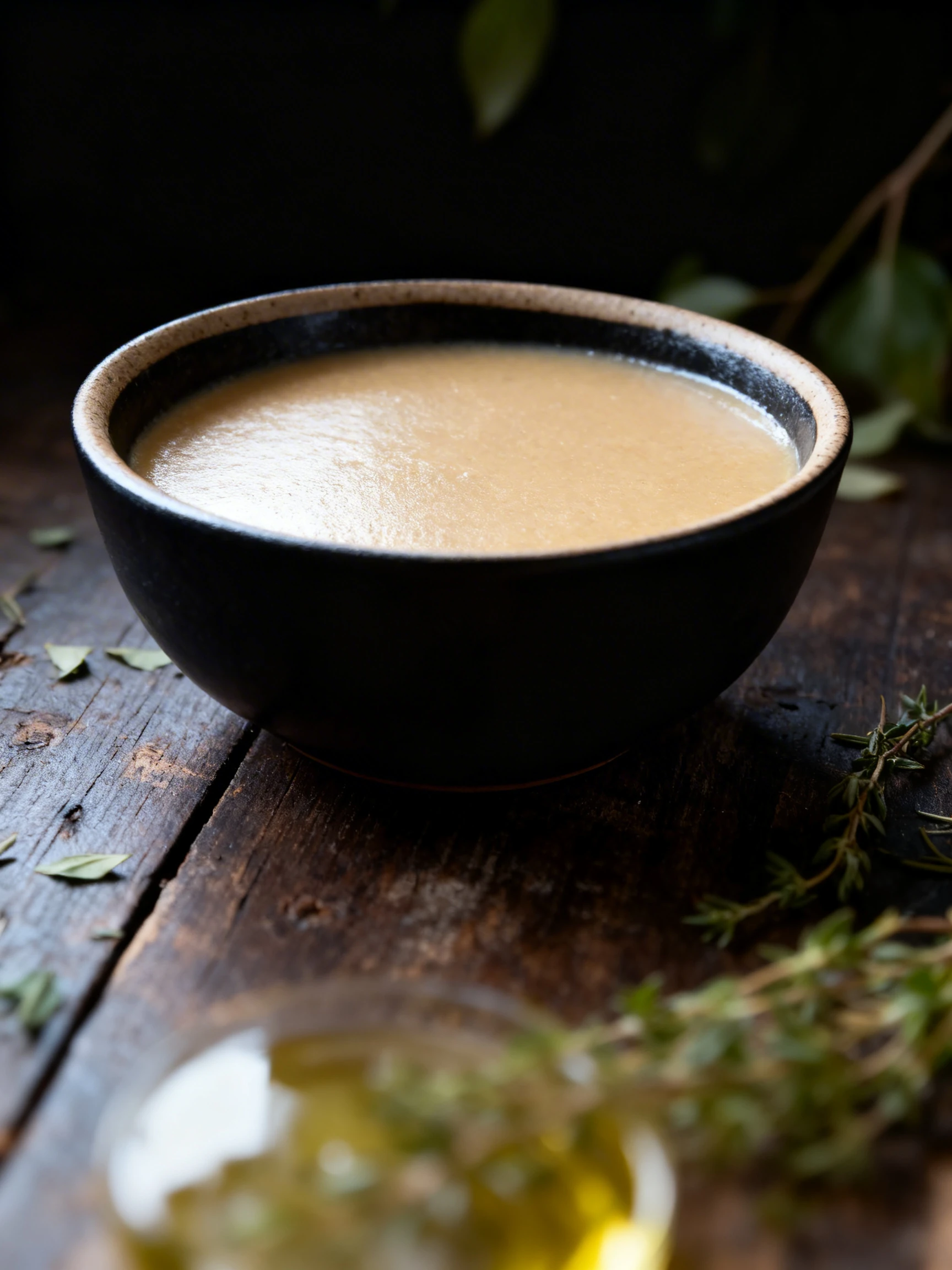 A smooth, blended light brown soup or sauce contained in a plastic tub.