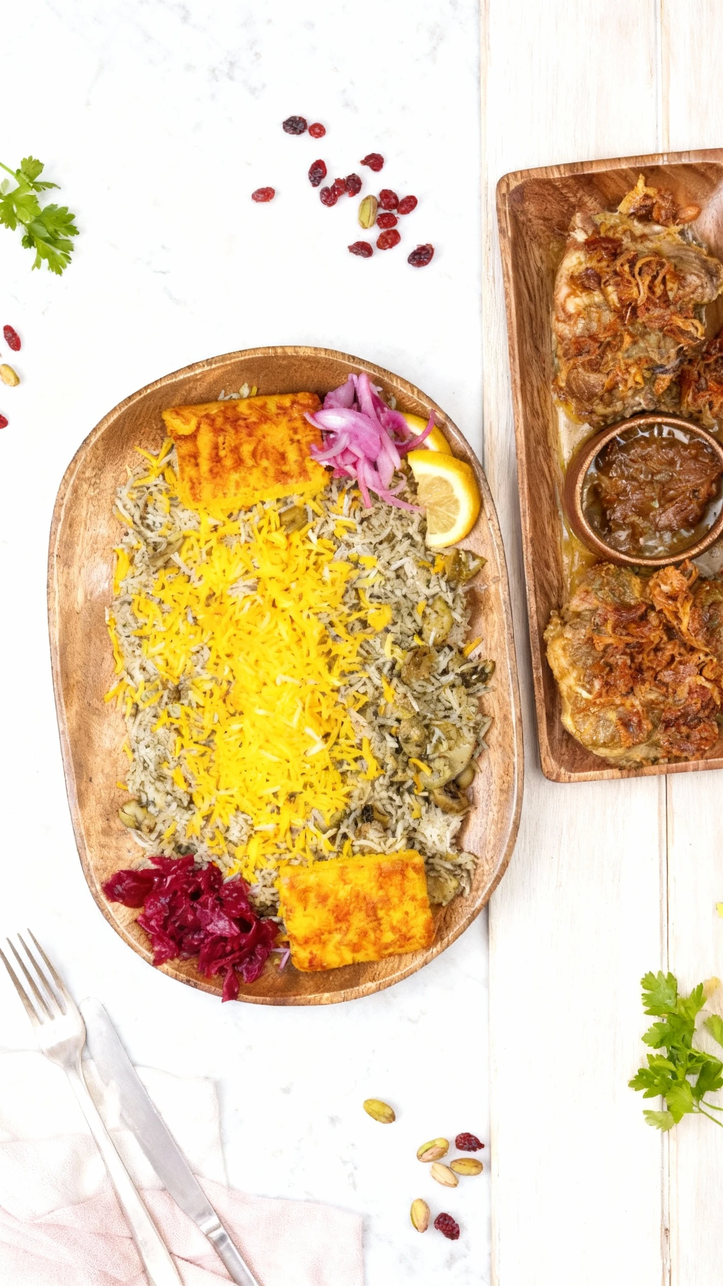 A large serving of herb rice (Sabzi Polo) garnished with saffron rice strands, two pieces of Tahdig, pickled red cabbage, and onions, accompanied by braised mea