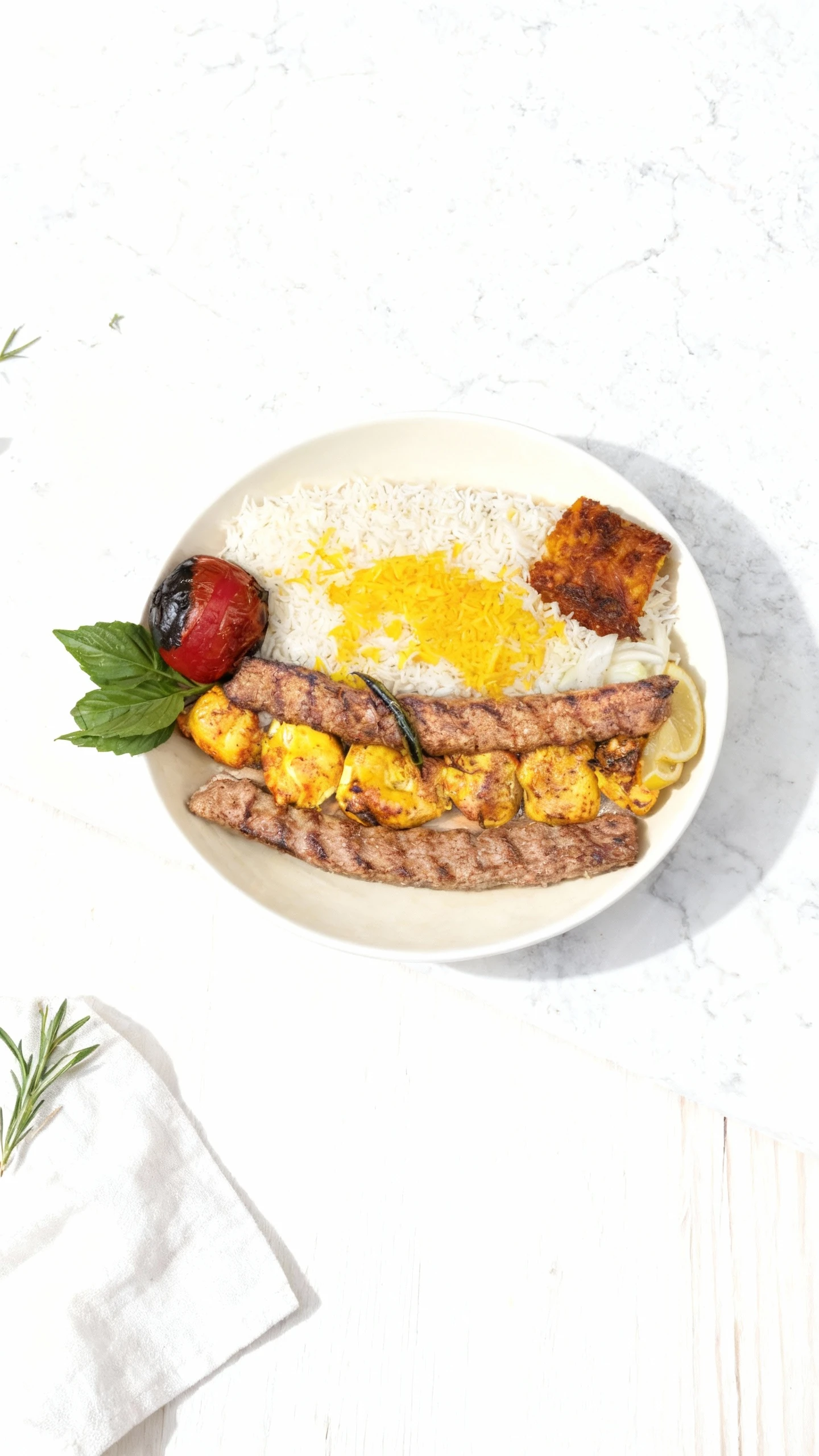 A Persian combination kebab platter featuring two grilled ground meat skewers and marinated chicken pieces, served over basmati rice topped with saffron rice, a