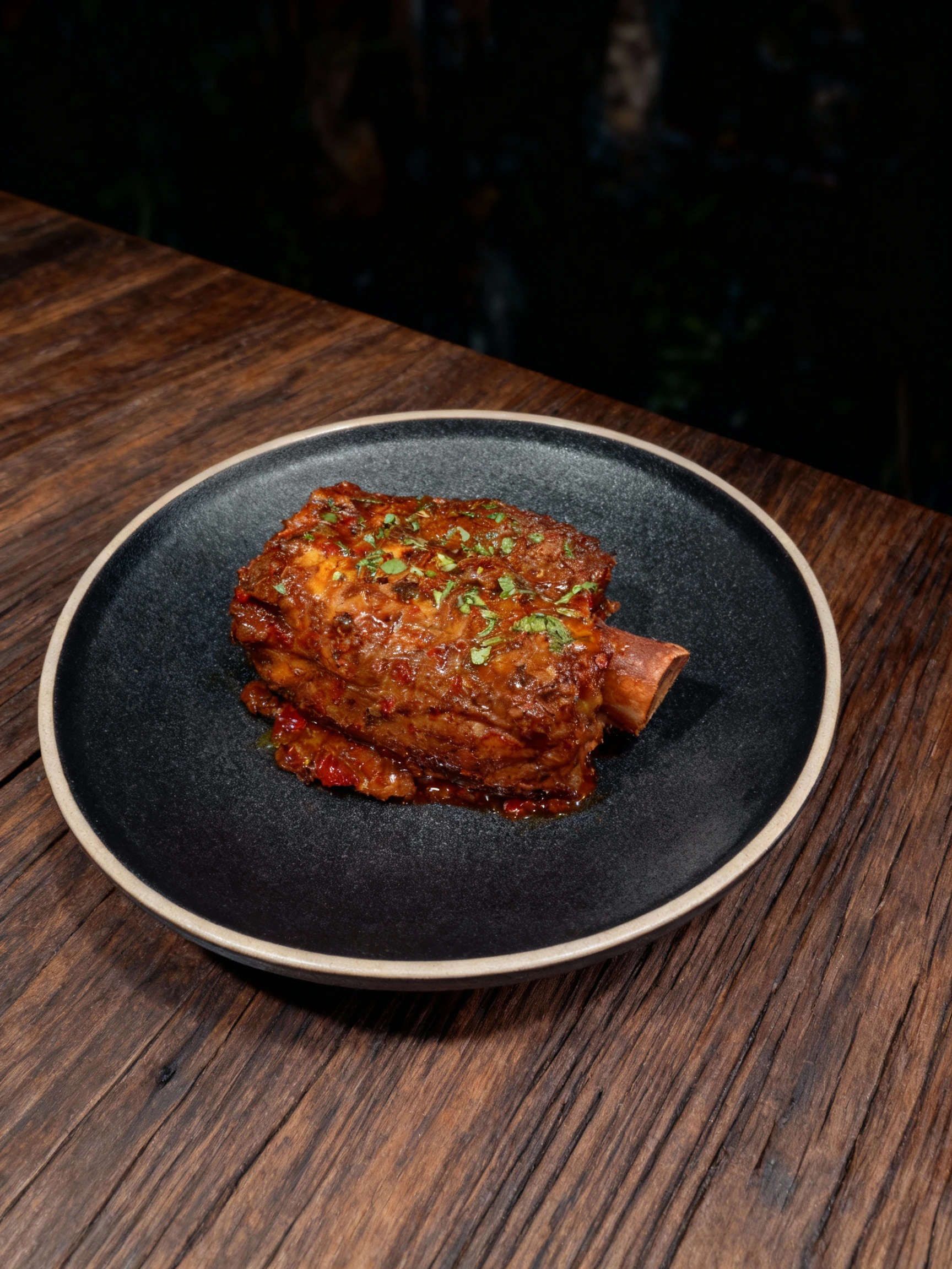 A large, braised beef short rib served on the bone, smothered in a glossy, rich chili-infused sauce, and garnished with fresh chopped green herbs.