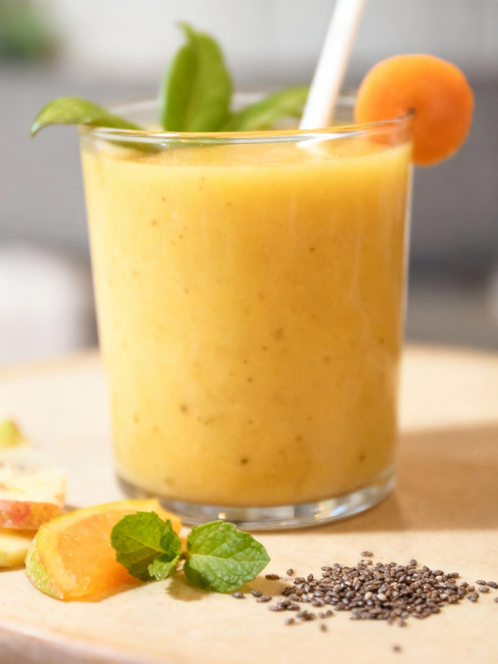 A thick, golden-orange smoothie is presented in a clear glass tumbler, garnished with fresh green leaves, a small orange fruit ball resting on the rim, and a wh