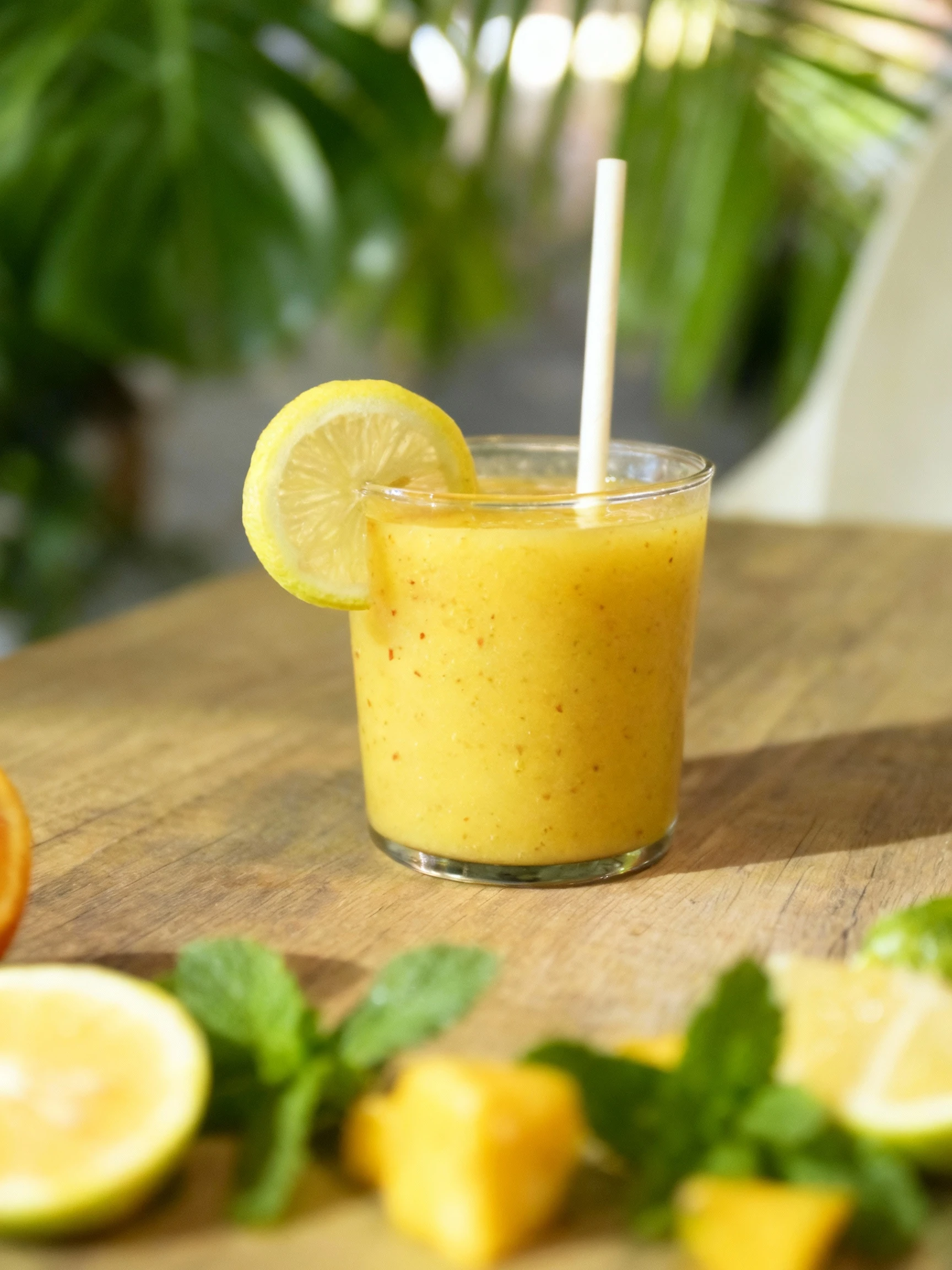 A vibrant yellow blended beverage, likely a fruit smoothie or juice, served in a glass tumbler and garnished with a fresh slice of lemon on the rim and a white