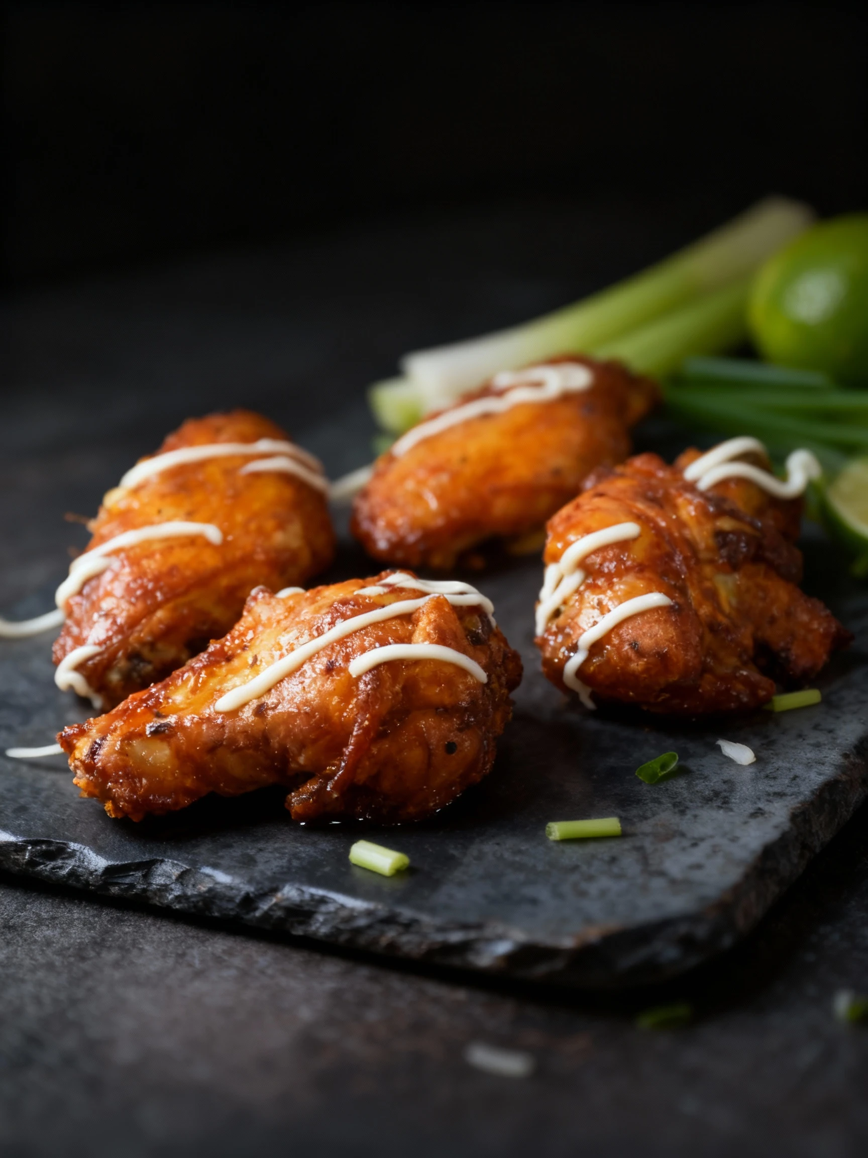Four pieces of glossy, glazed chicken wings or parts are visible in a container, each generously drizzled with thick stripes of white creamy dressing.