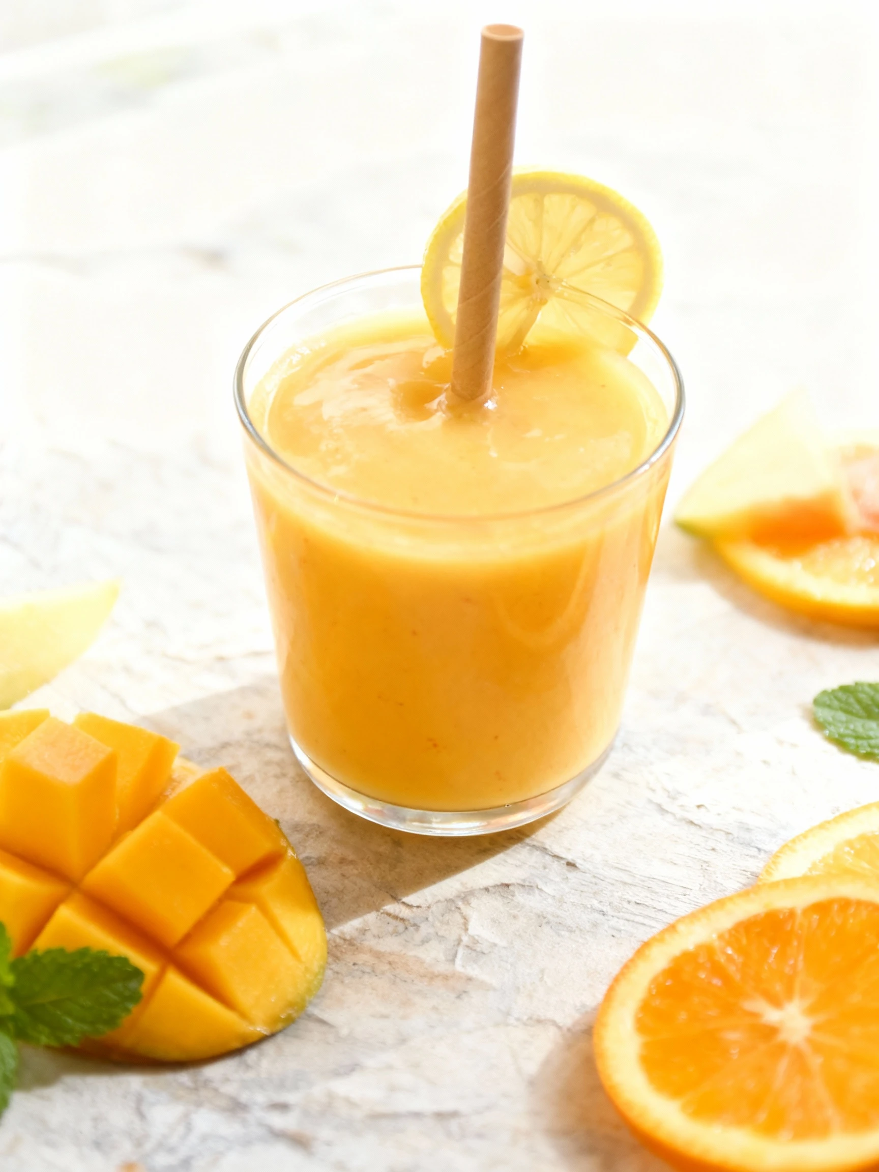 A glass of yellow fruit smoothie or juice, garnished with a lemon slice and a paper straw, served alongside a whole red mango and scattered slices of both peele