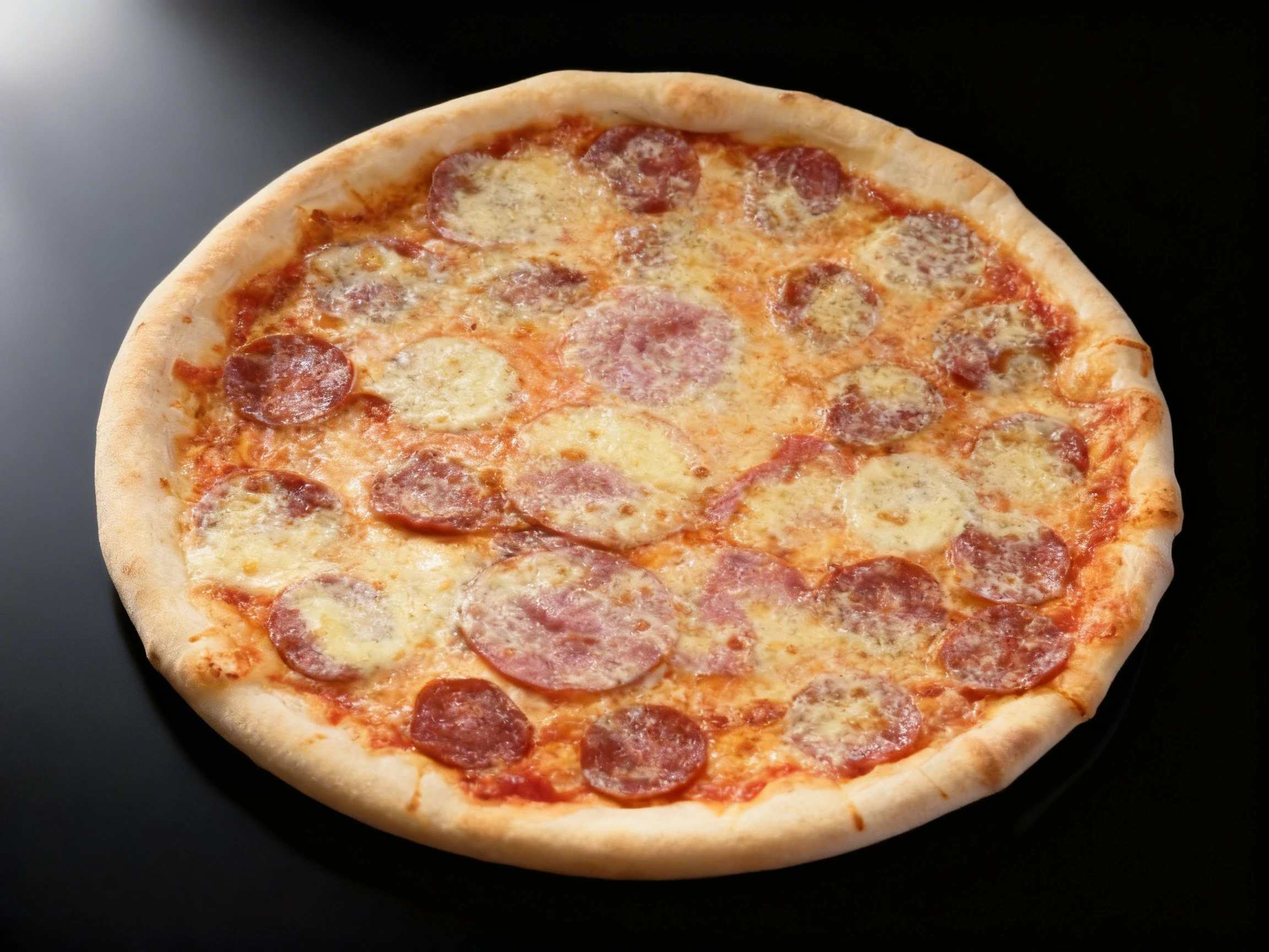 A whole pepperoni and ham pizza with melted mozzarella cheese and tomato sauce on a light golden crust.