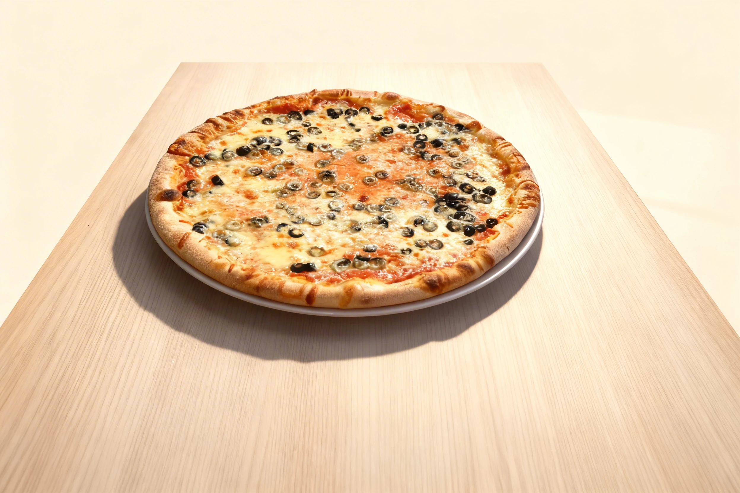 A whole thin-crust pizza topped with tomato sauce, melted mozzarella cheese, and sliced black olives.