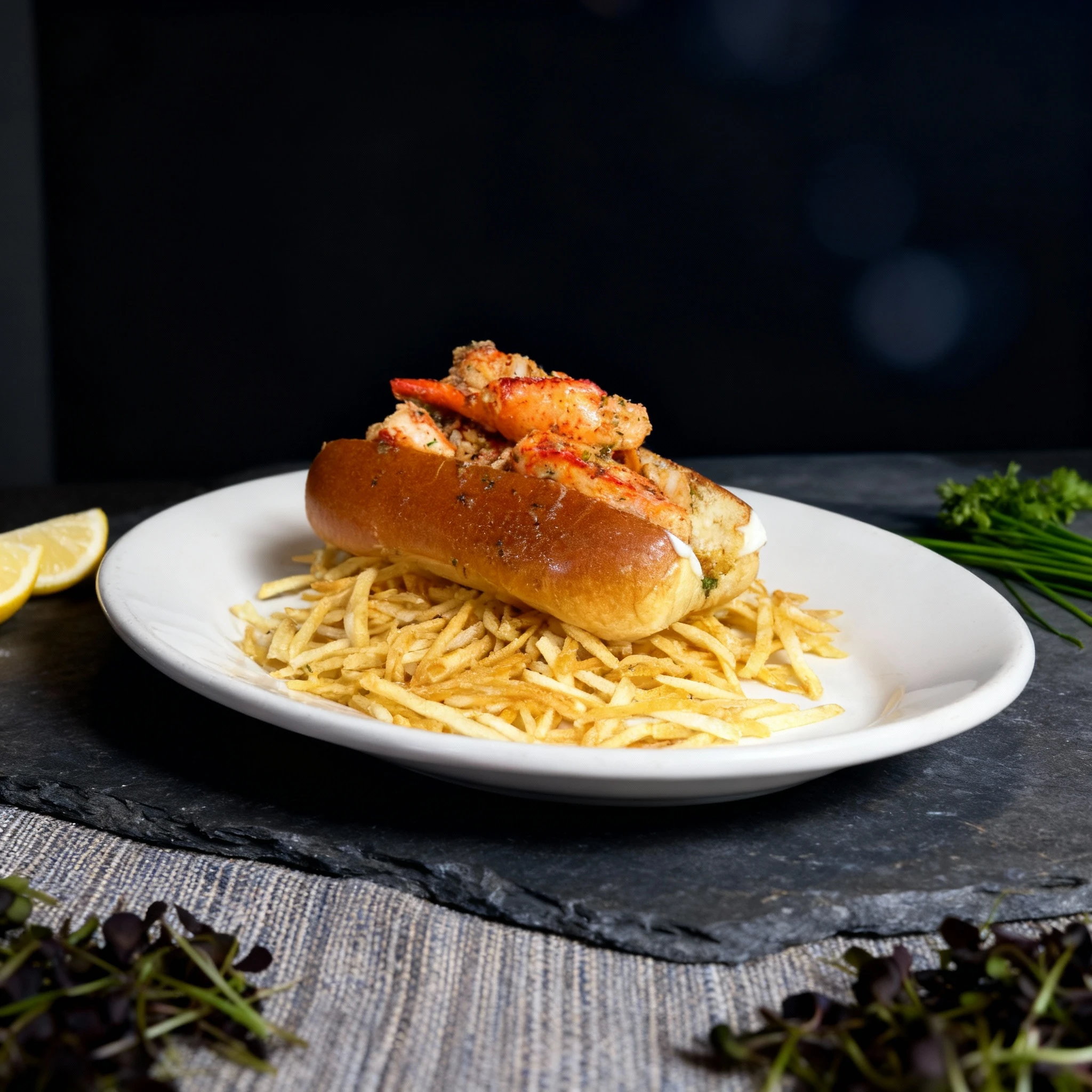 Lobster roll featuring seasoned lobster meat in a toasted brioche bun, served over a bed of thin shoestring fries.